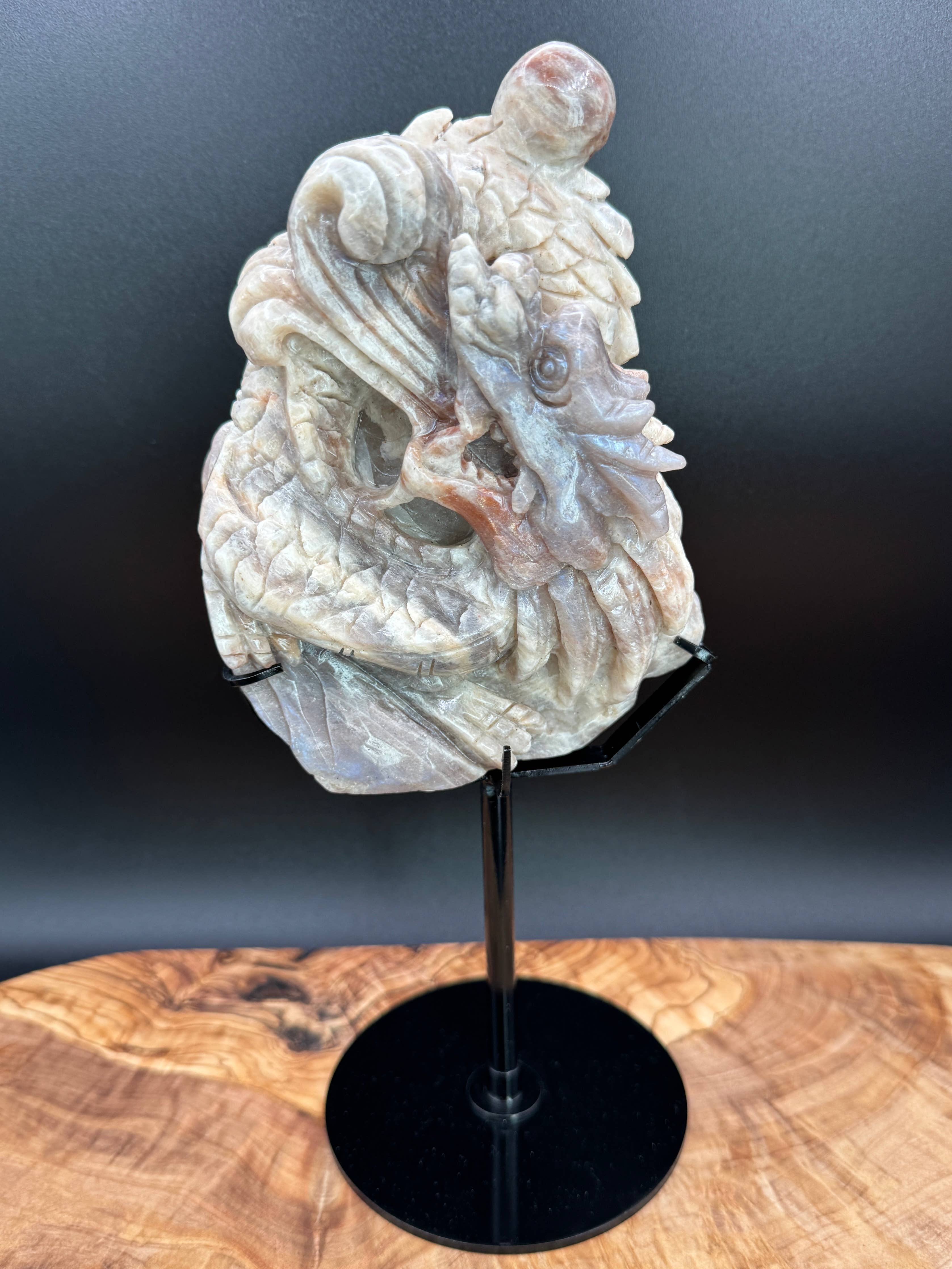 Moonstone Dragon Carving on Custom Display Stand  10 1/4"