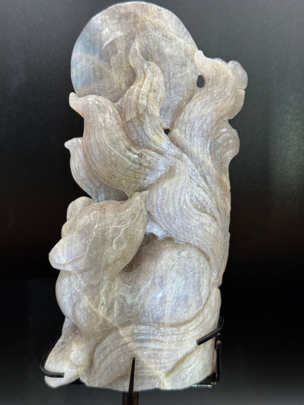 Flashy Moonstone Nine-Tailed Fox Carving on Custom Stand | 10.25" Tall | 833g