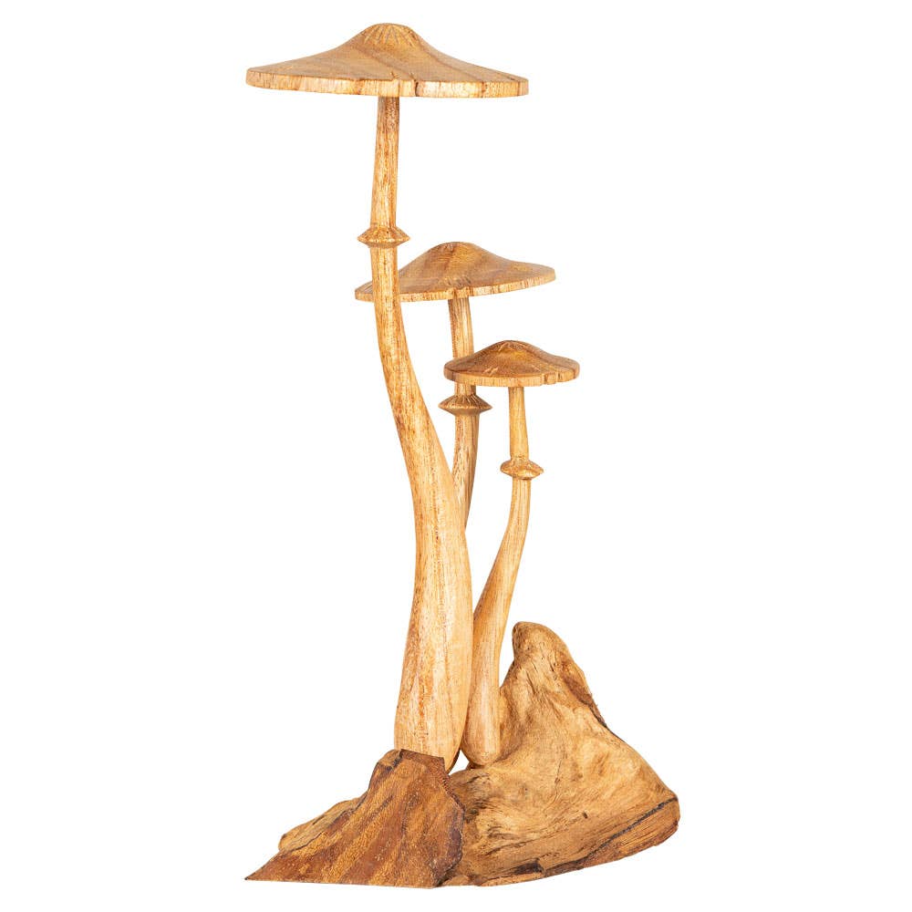 Hand-Carved Triple Mushroom Wooden Sculpture | Nature-Inspired Decor