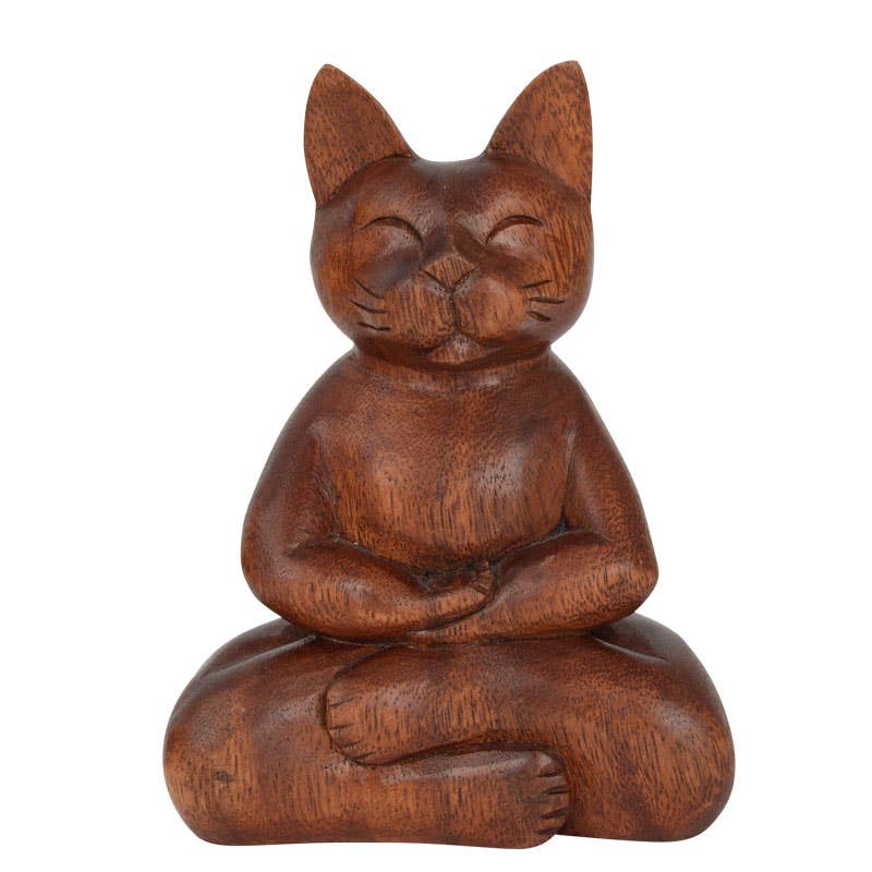 Meditating Wooden Cat Figurine | Hand-Carved Zen Cat Décor | Yoga Cat Statue