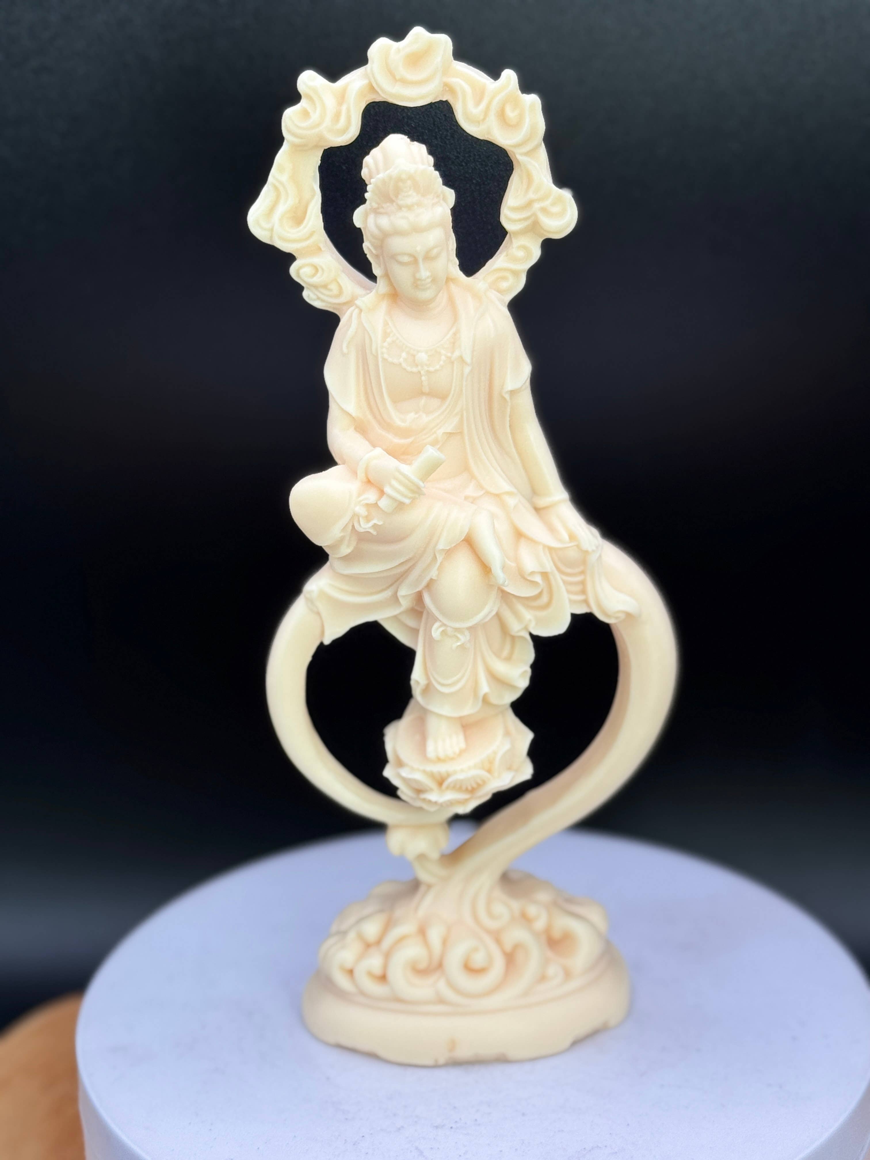 Palm nut (Tagua) Guan Yin w/ Lotus & flames 6.8"