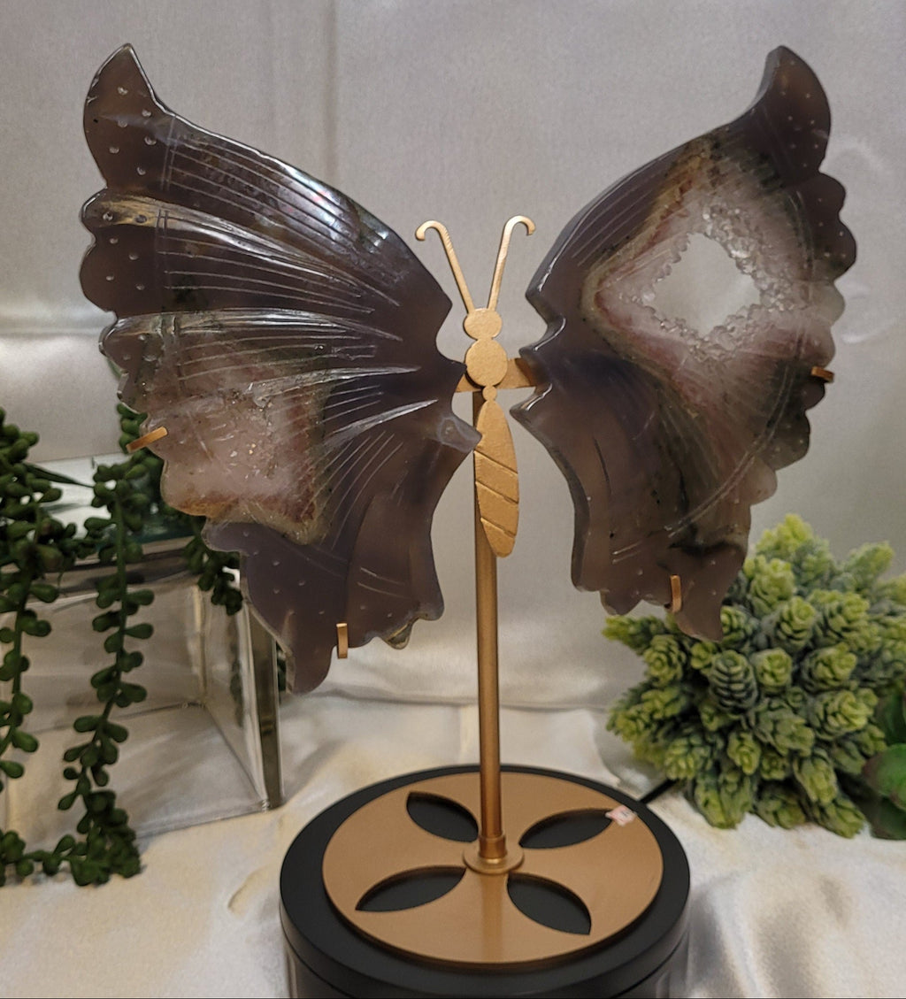 Druzy Agate Large Butterfly Wings on stand