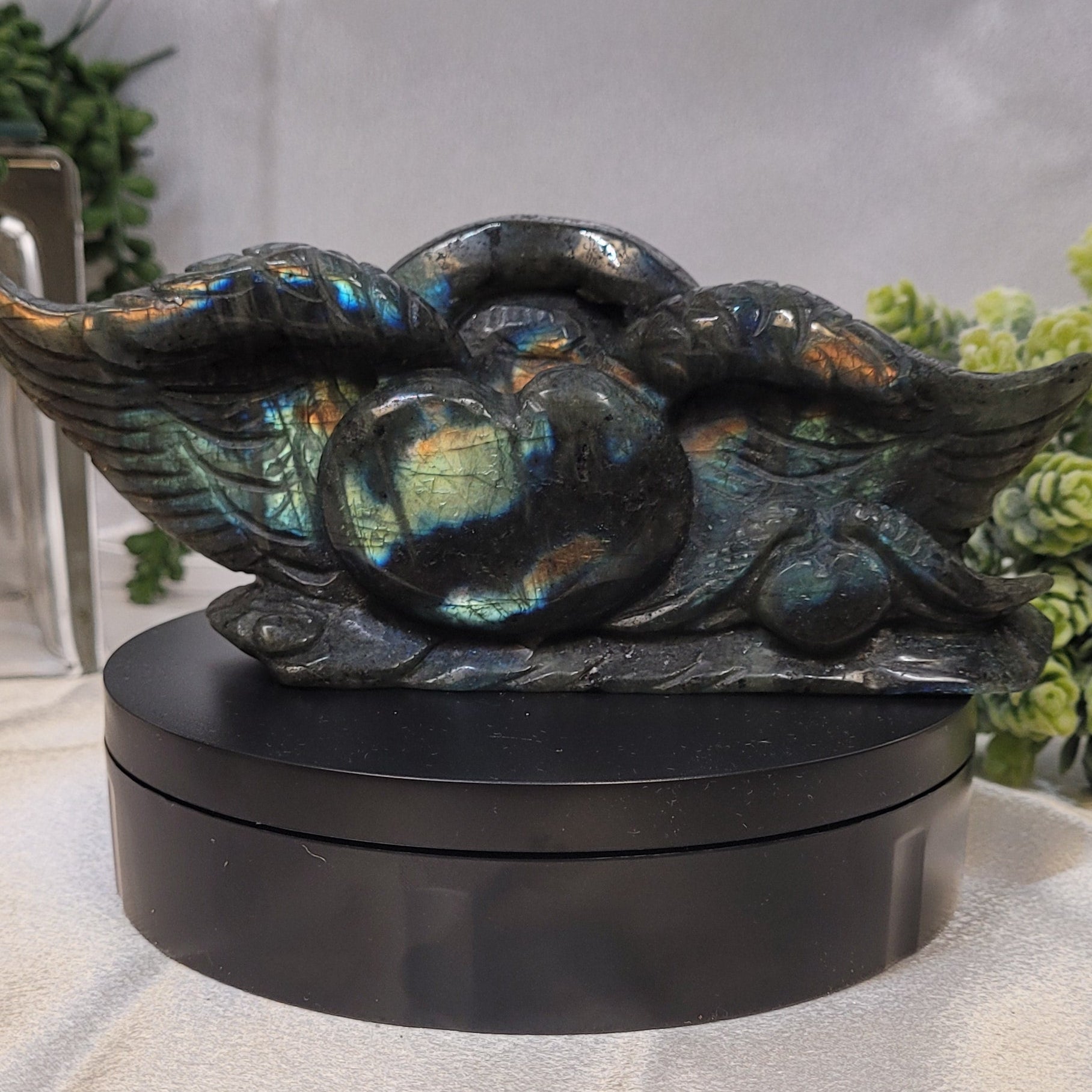 Labradorite Heart Carving ~Celestial Wings •