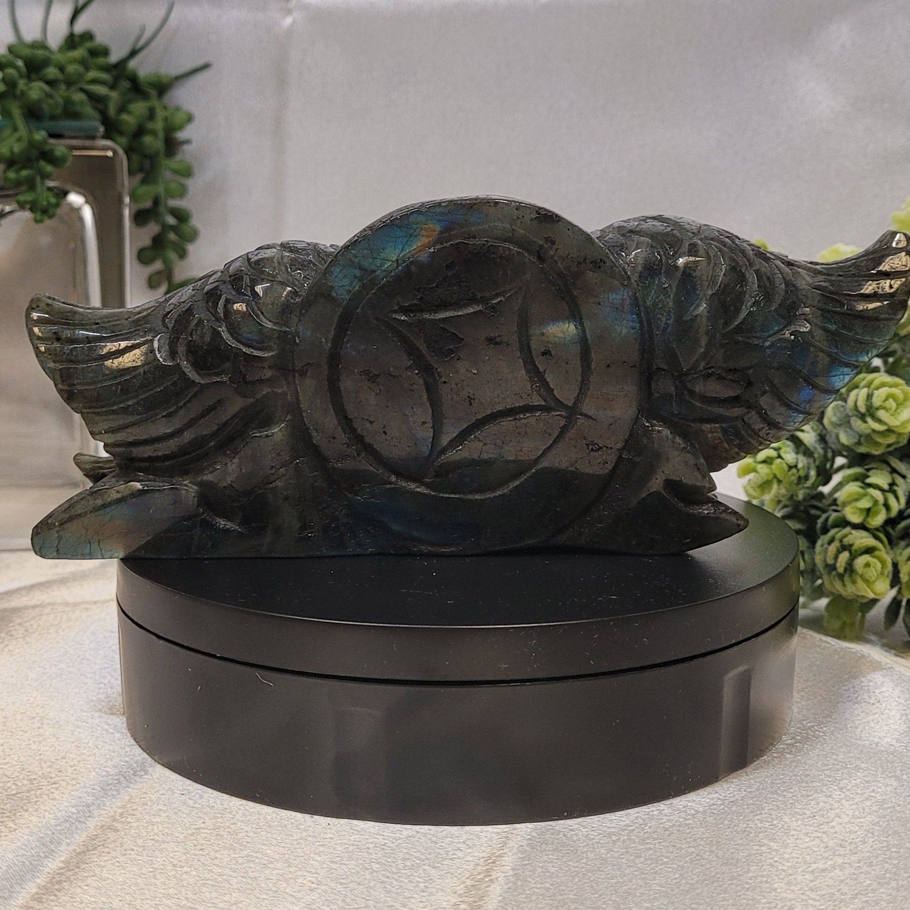 Labradorite Heart Carving ~Celestial Wings •