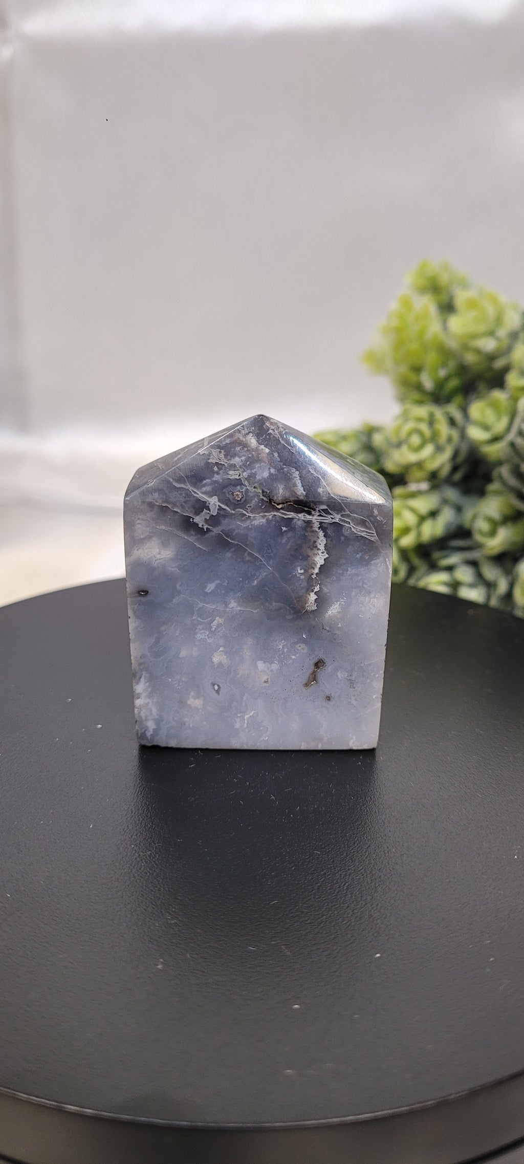 Blue Plume Agate Tower ~ Seafoam Veil