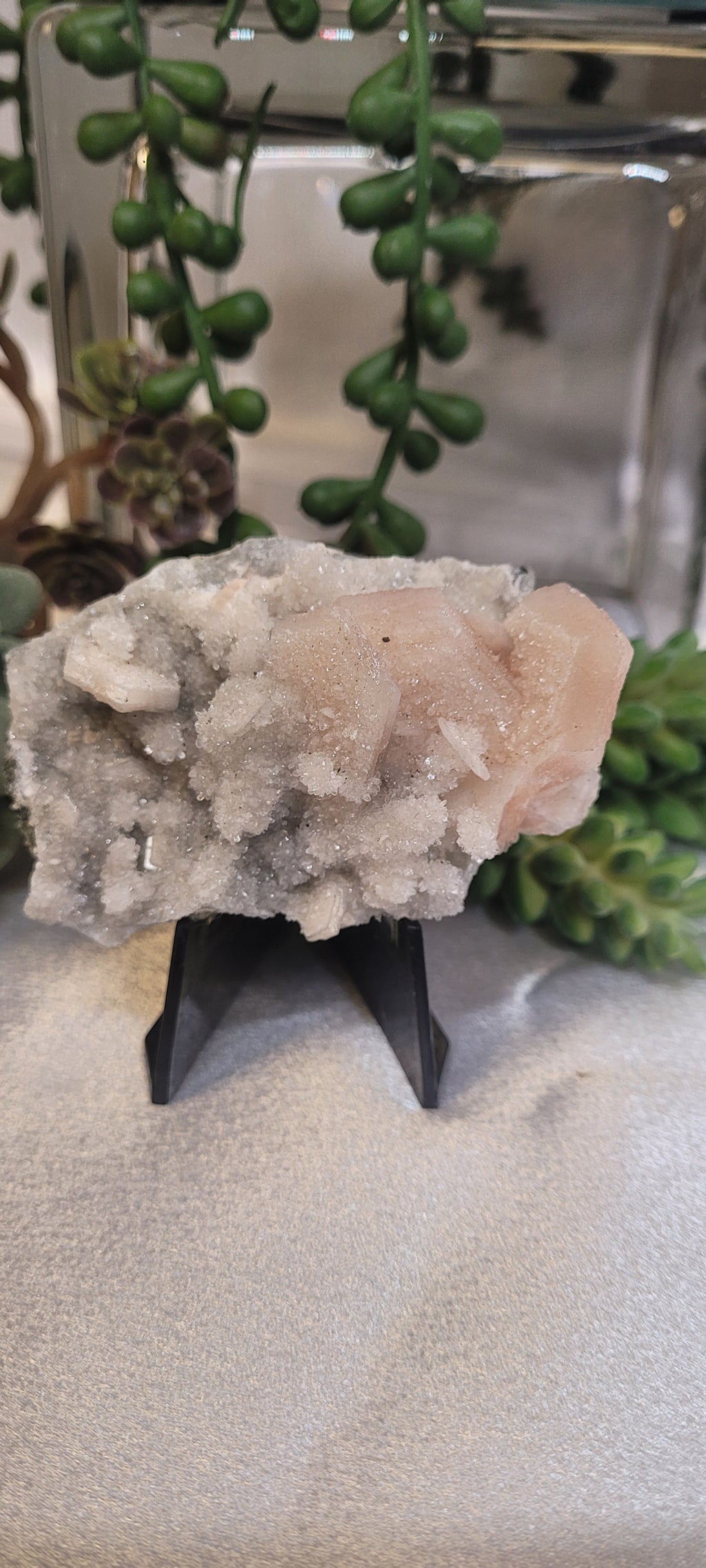 Pink Stilbite on Druzy Quartz Specimen