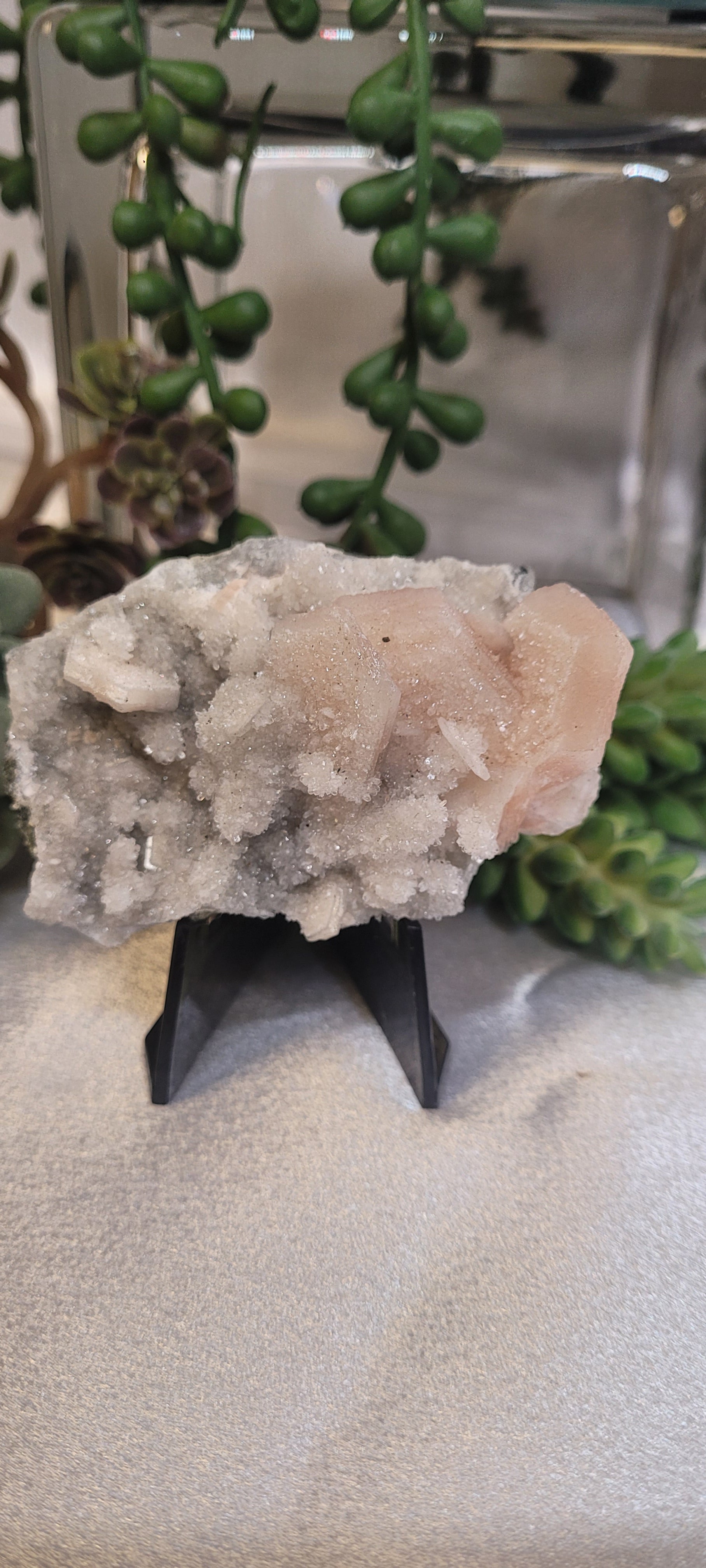 Pink Stilbite on Druzy Quartz Specimen