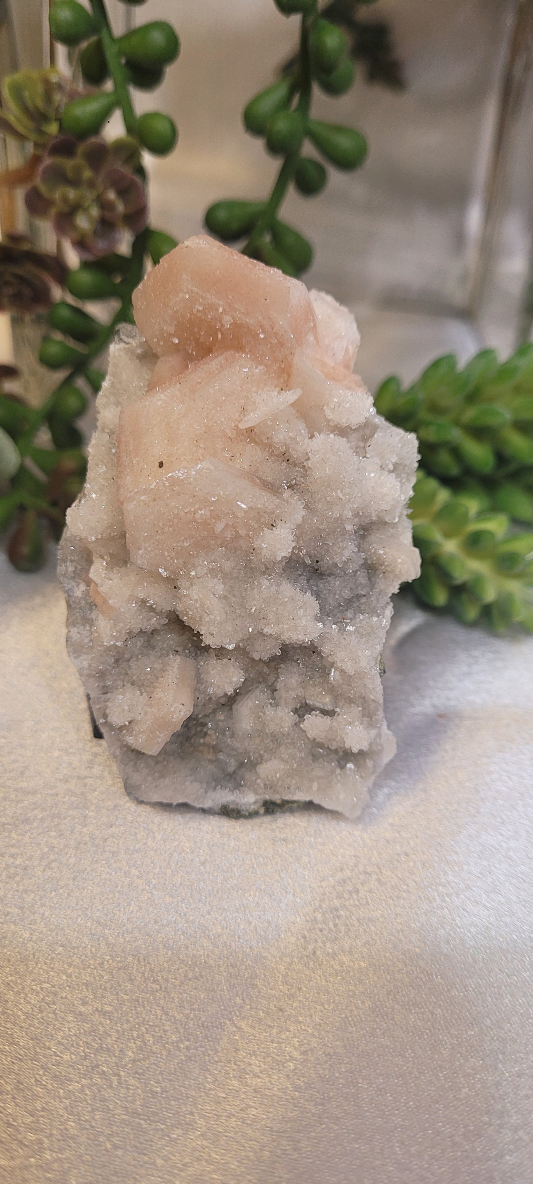 Pink Stilbite on Druzy Quartz Specimen