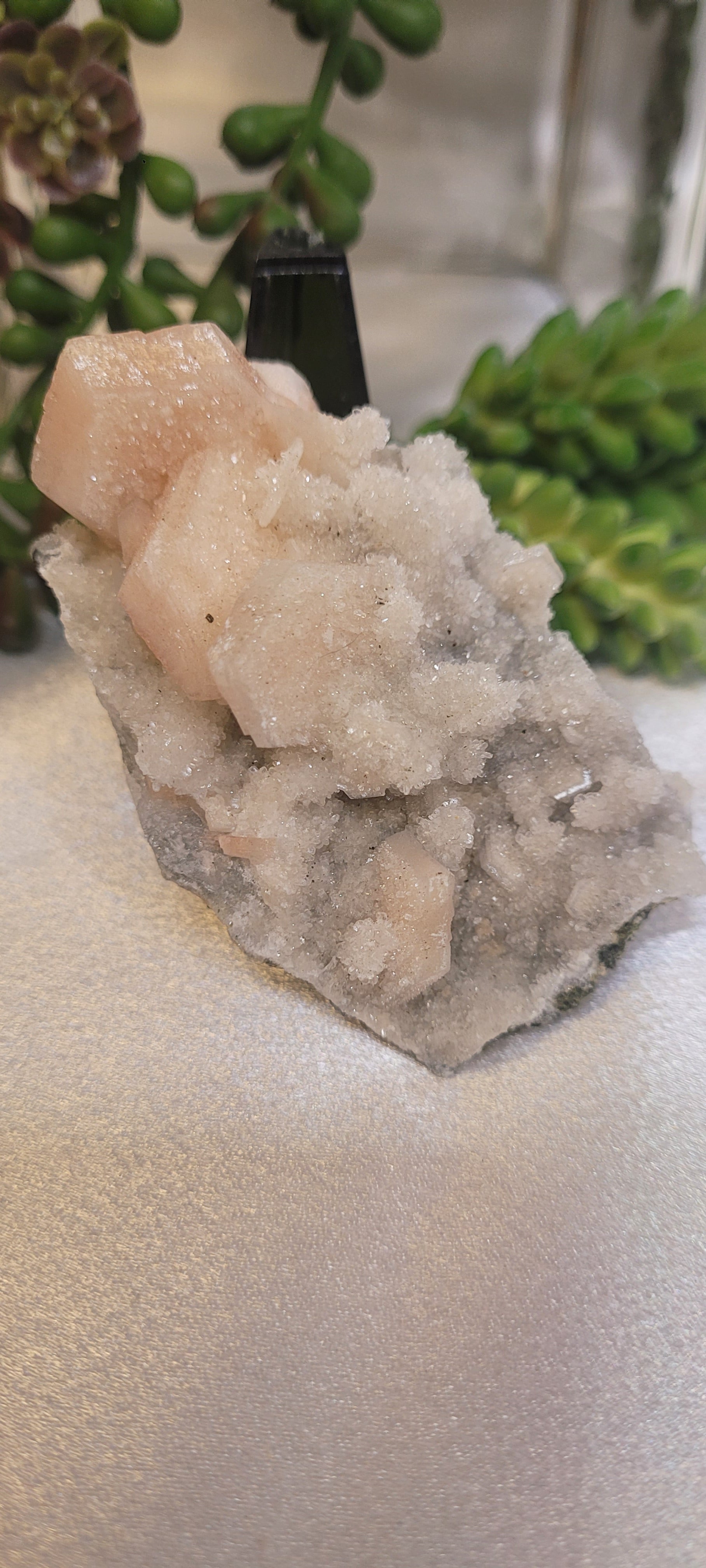 Pink Stilbite on Druzy Quartz Specimen