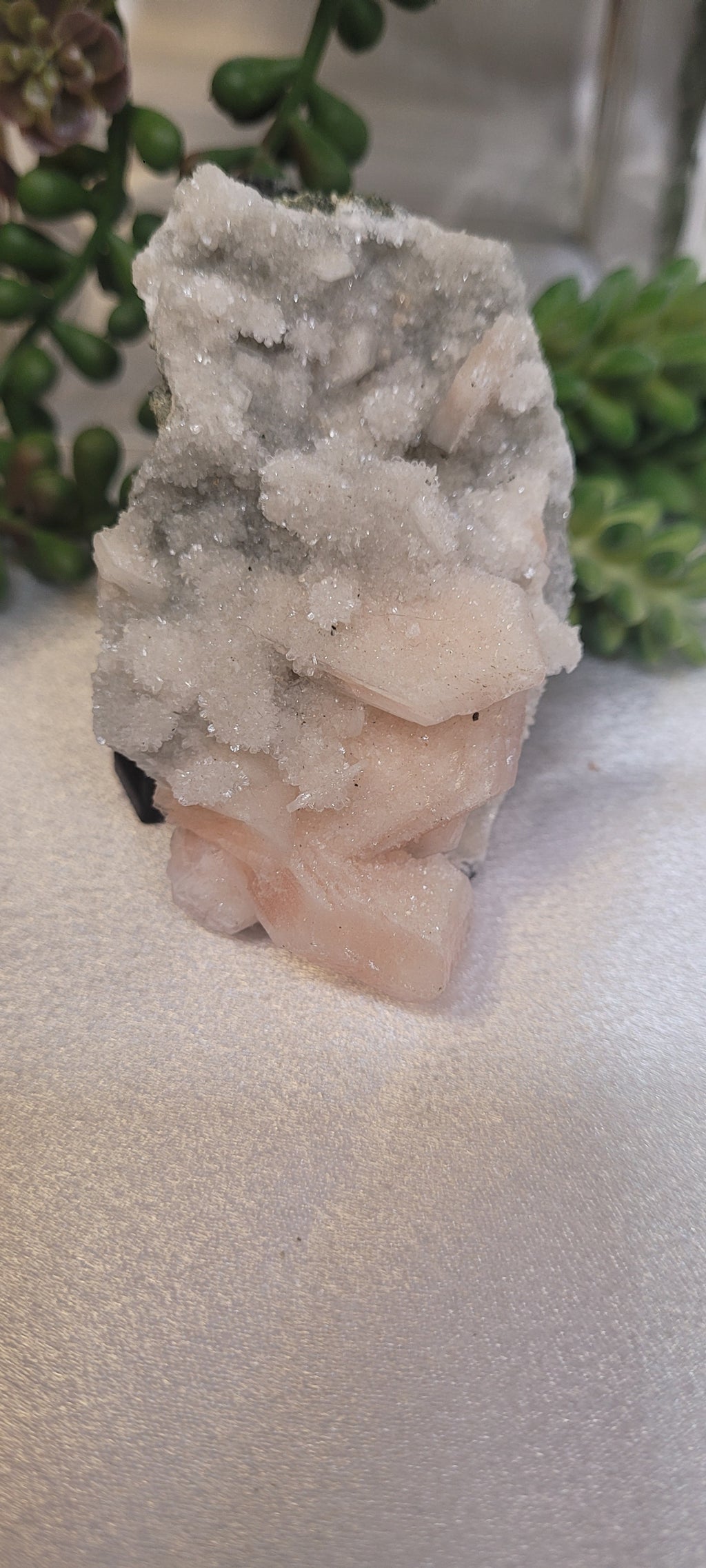 Pink Stilbite on Druzy Quartz Specimen