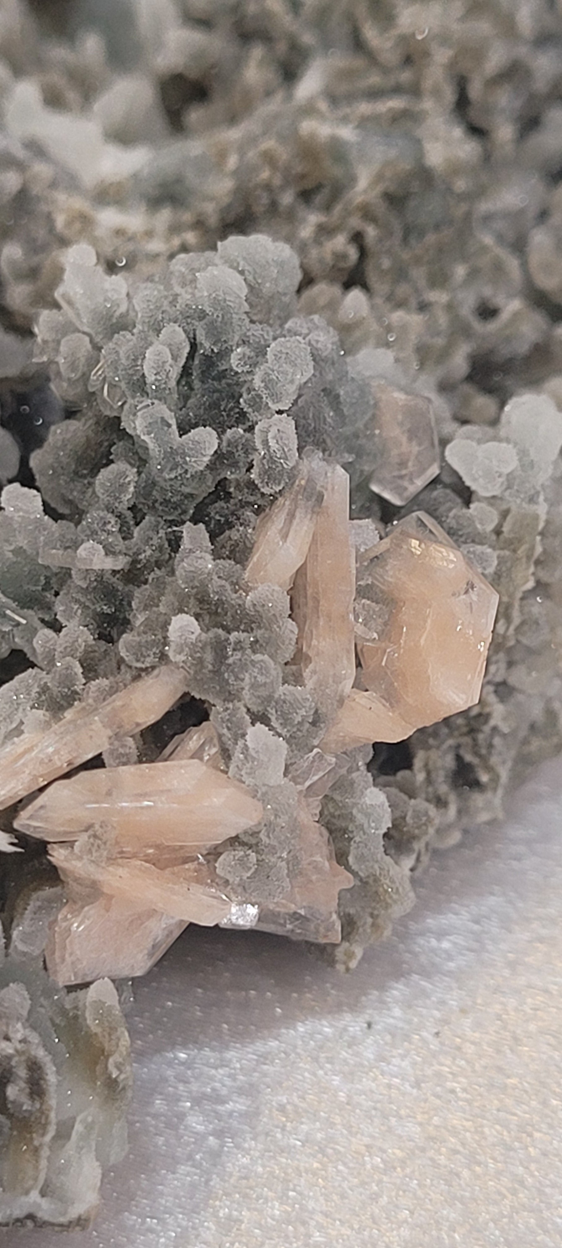 Pink Stilbite on Druzy Chalcedony Specimen