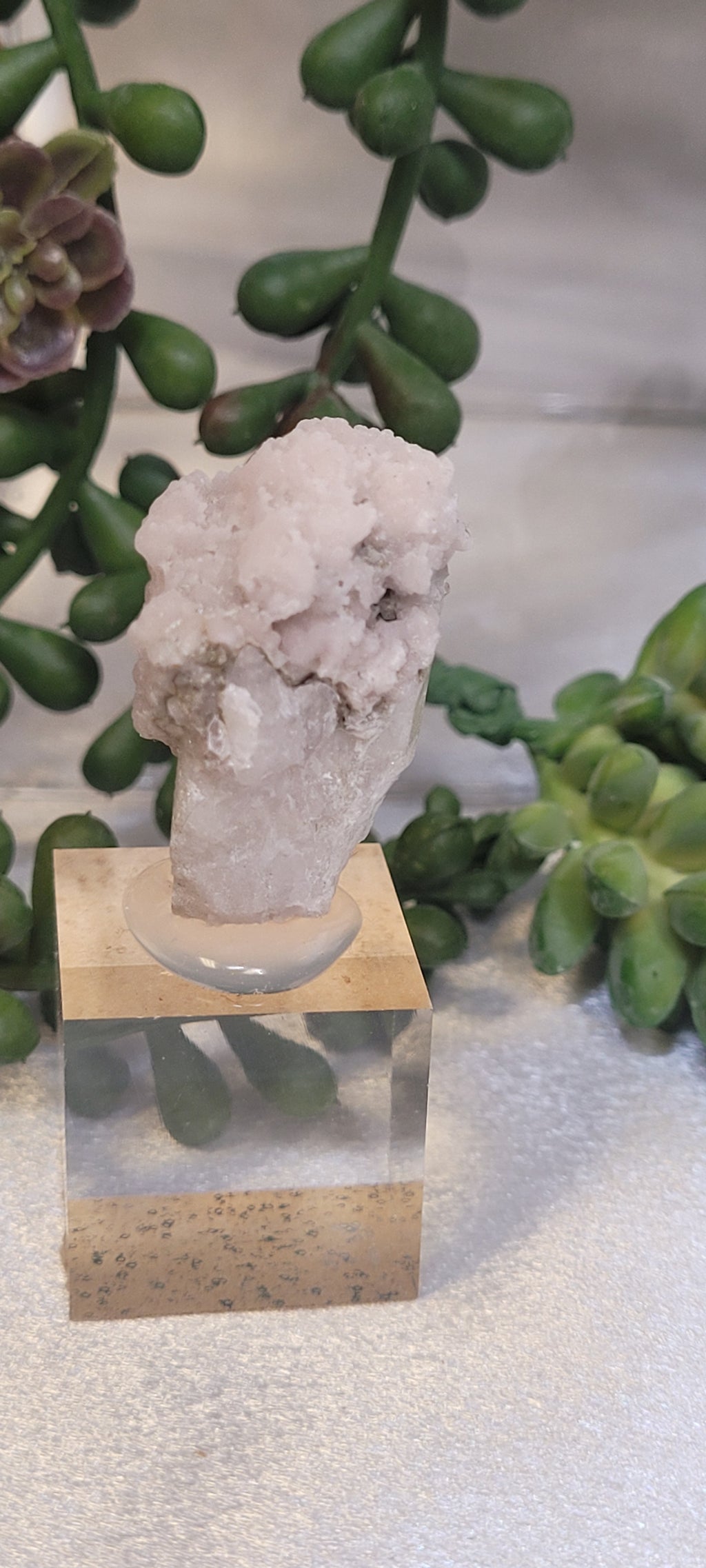 Blush Druzy Quartz Specimen on Acrylic Display Stand