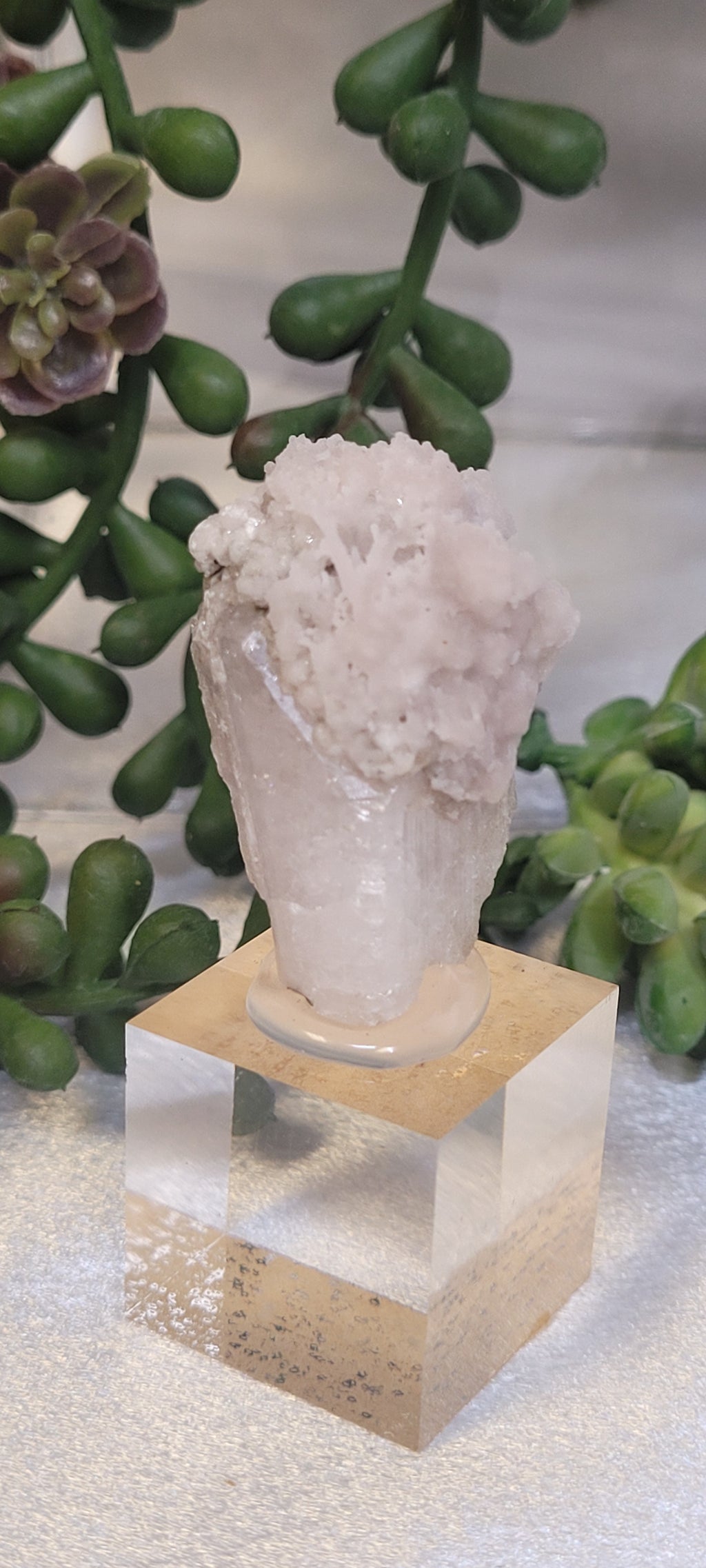 Blush Druzy Quartz Specimen on Acrylic Display Stand