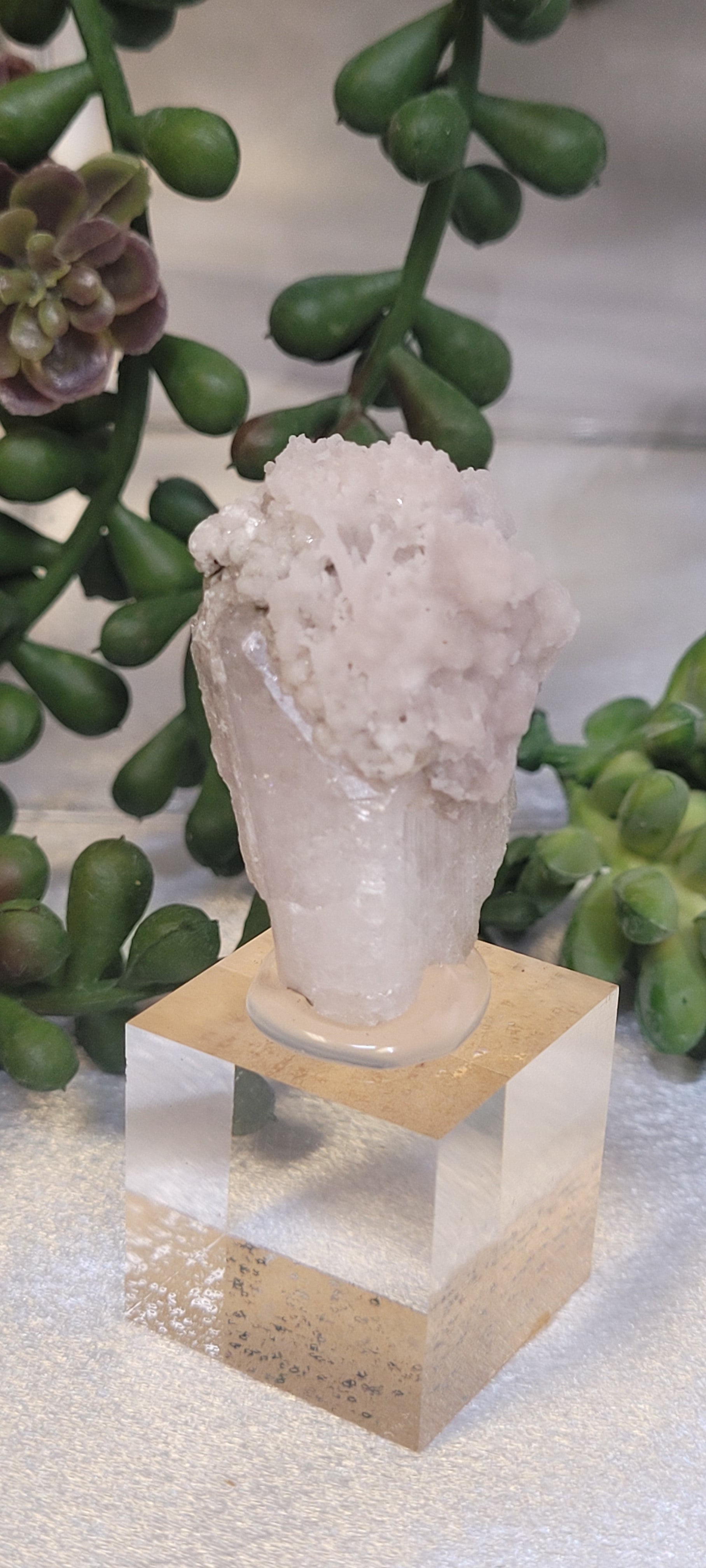 Blush Druzy Quartz Specimen on Acrylic Display Stand
