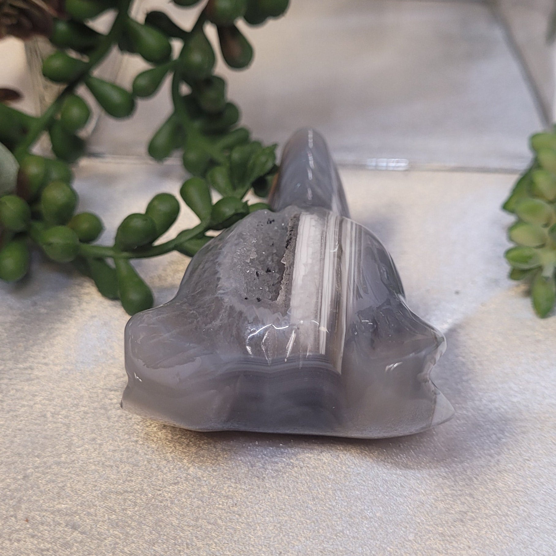 Agate  Gray Banded  Wolf Carving with Druzy • Crystal Wolf