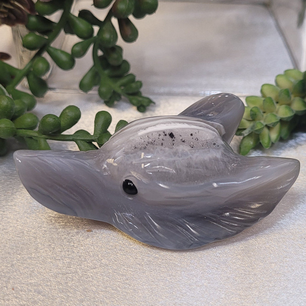 Agate  Gray Banded  Wolf Carving with Druzy • Crystal Wolf