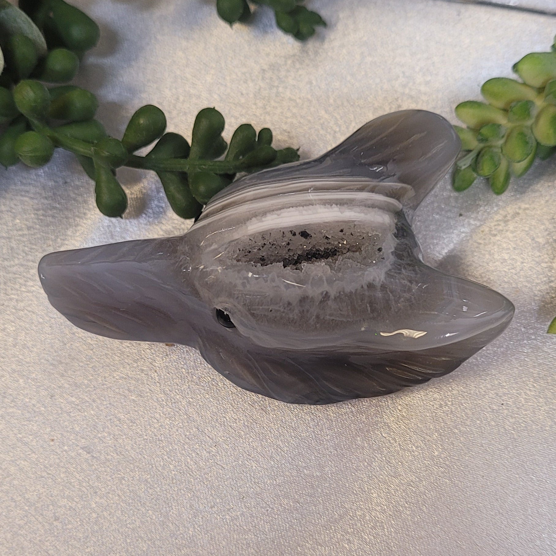 Agate  Gray Banded  Wolf Carving with Druzy • Crystal Wolf
