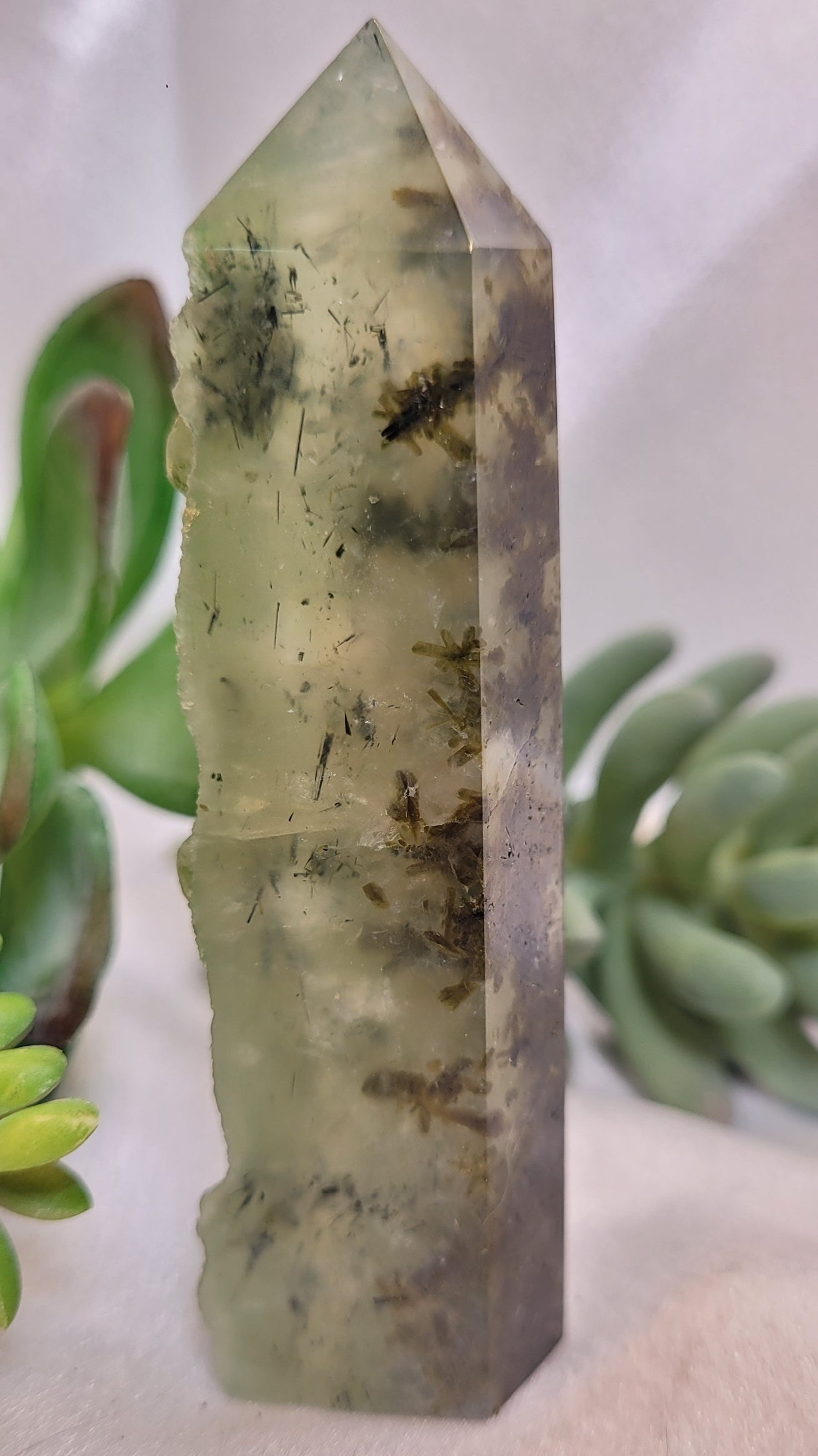 Dendritic Prehnite Tower with Natural Raw Edge