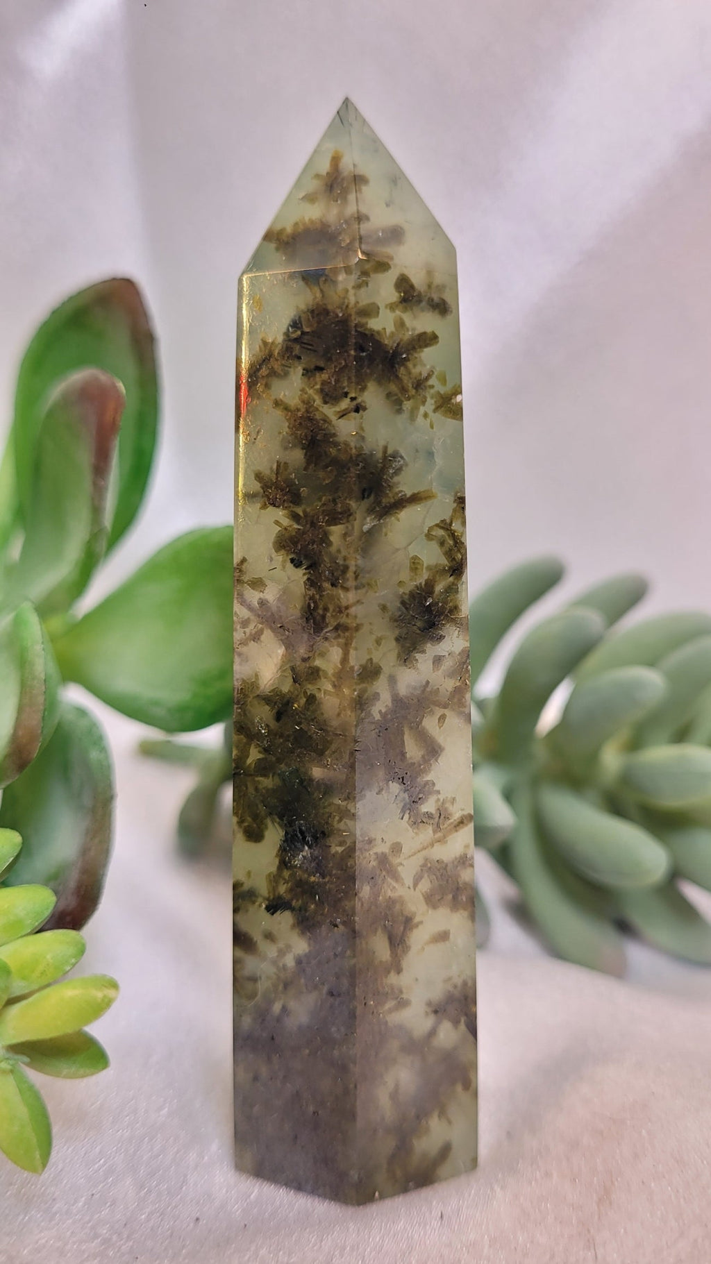 Dendritic Prehnite Tower with Natural Raw Edge