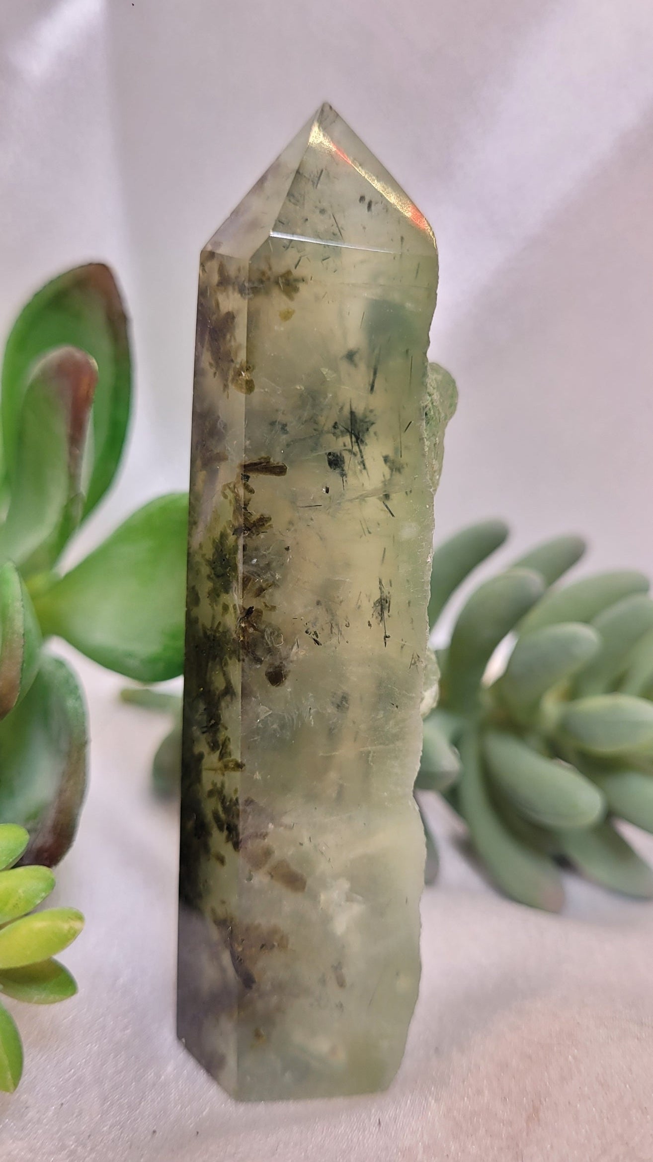 Dendritic Prehnite Tower with Natural Raw Edge