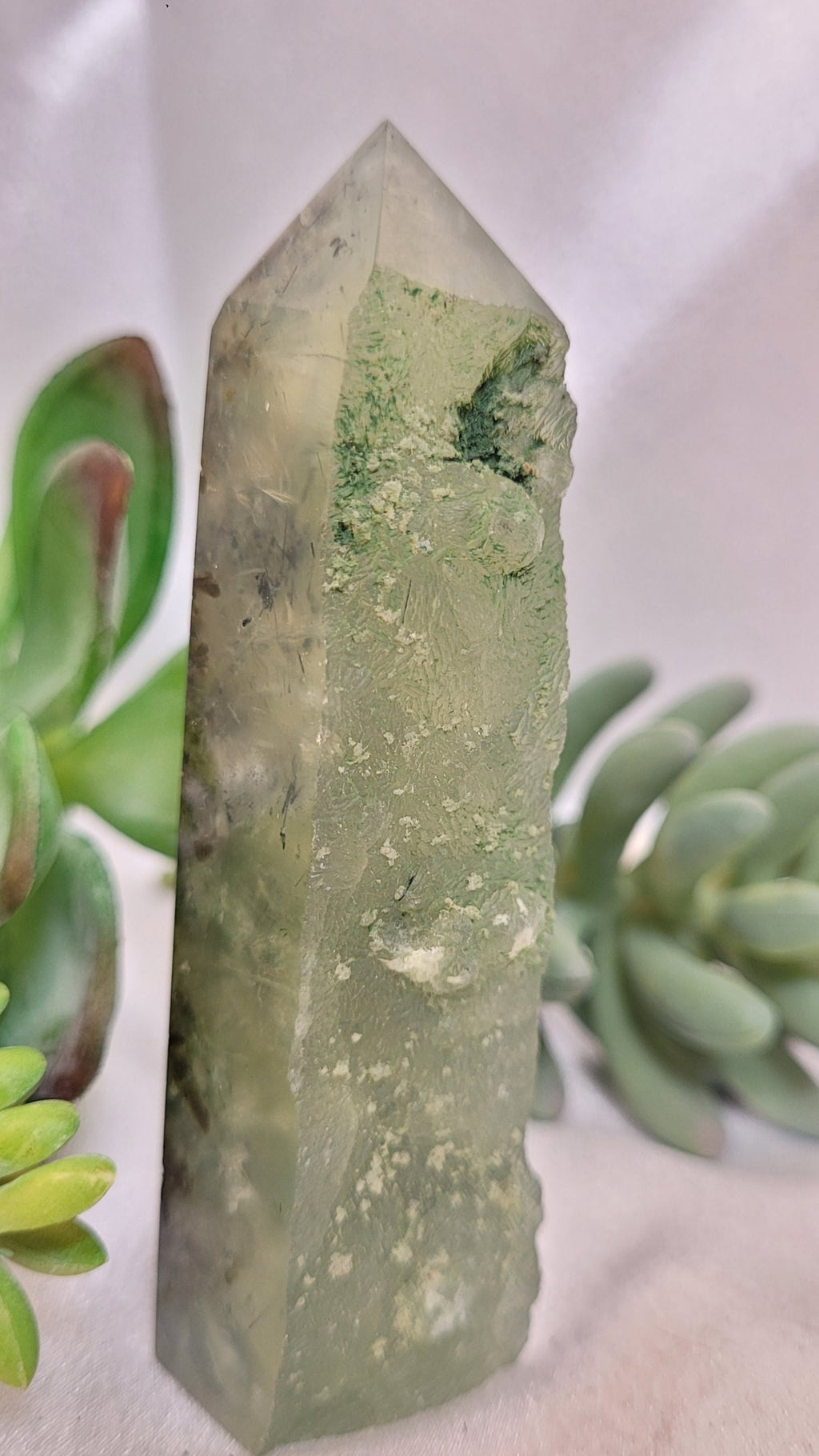 Dendritic Prehnite Tower with Natural Raw Edge