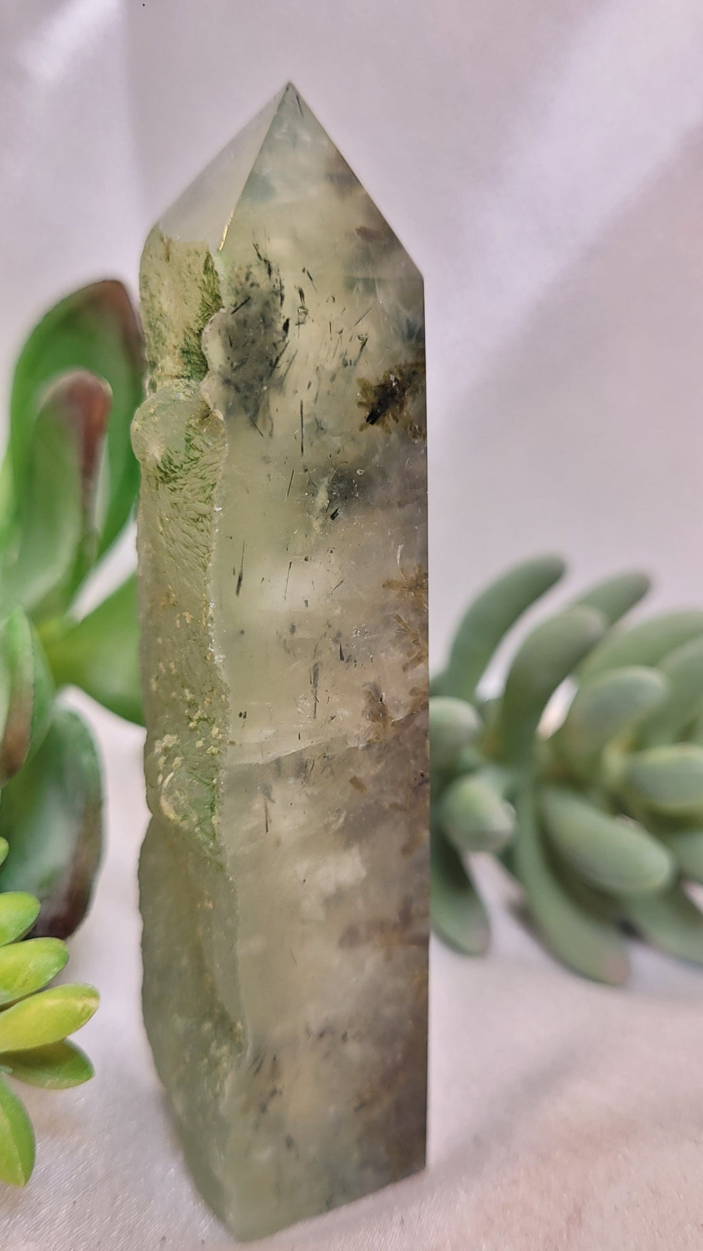 Dendritic Prehnite Tower with Natural Raw Edge