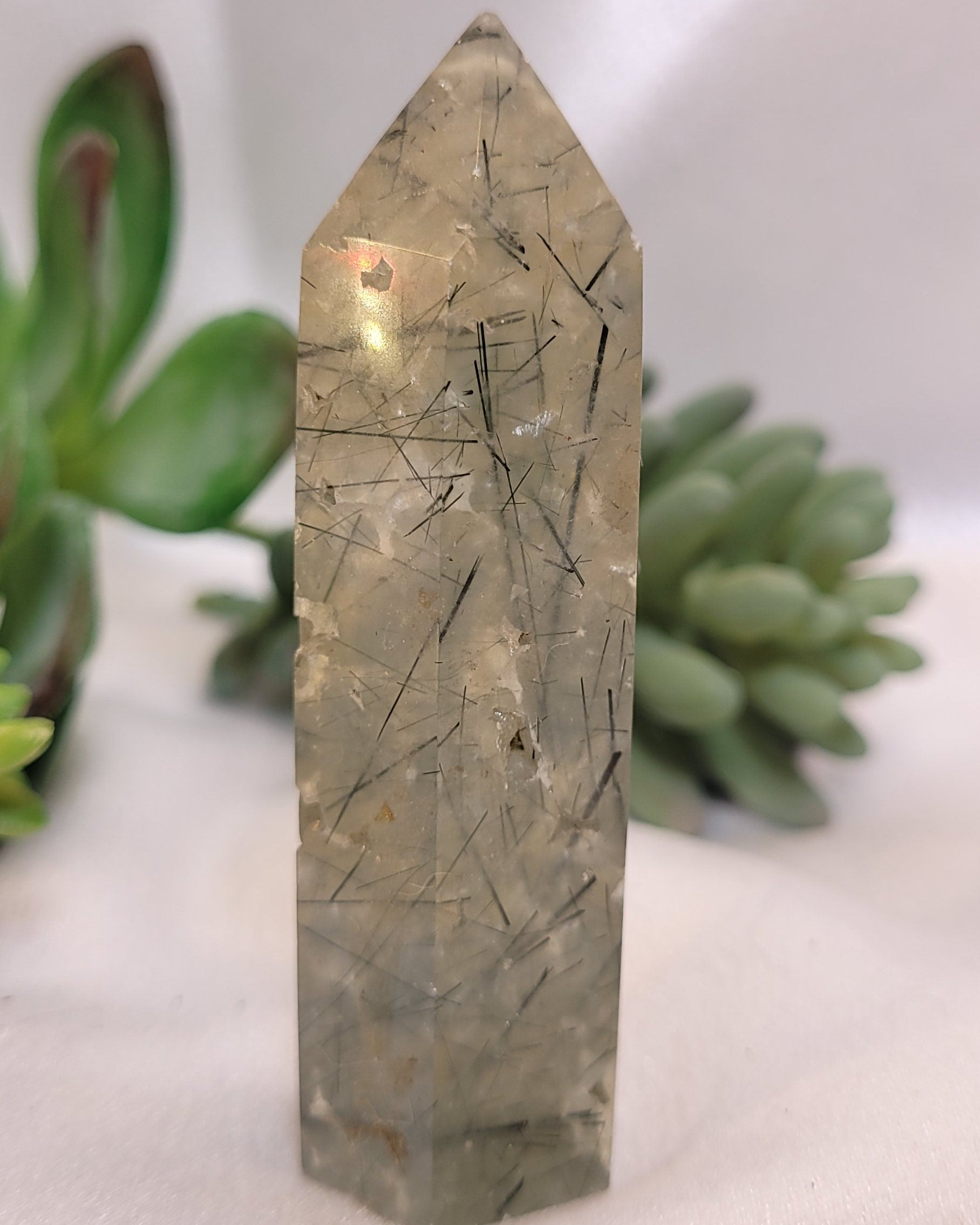 Prehnite Tower with Dark Needle Inclusions