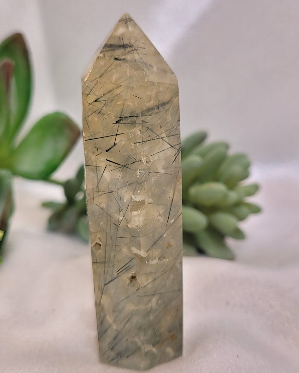 Prehnite Tower with Dark Needle Inclusions