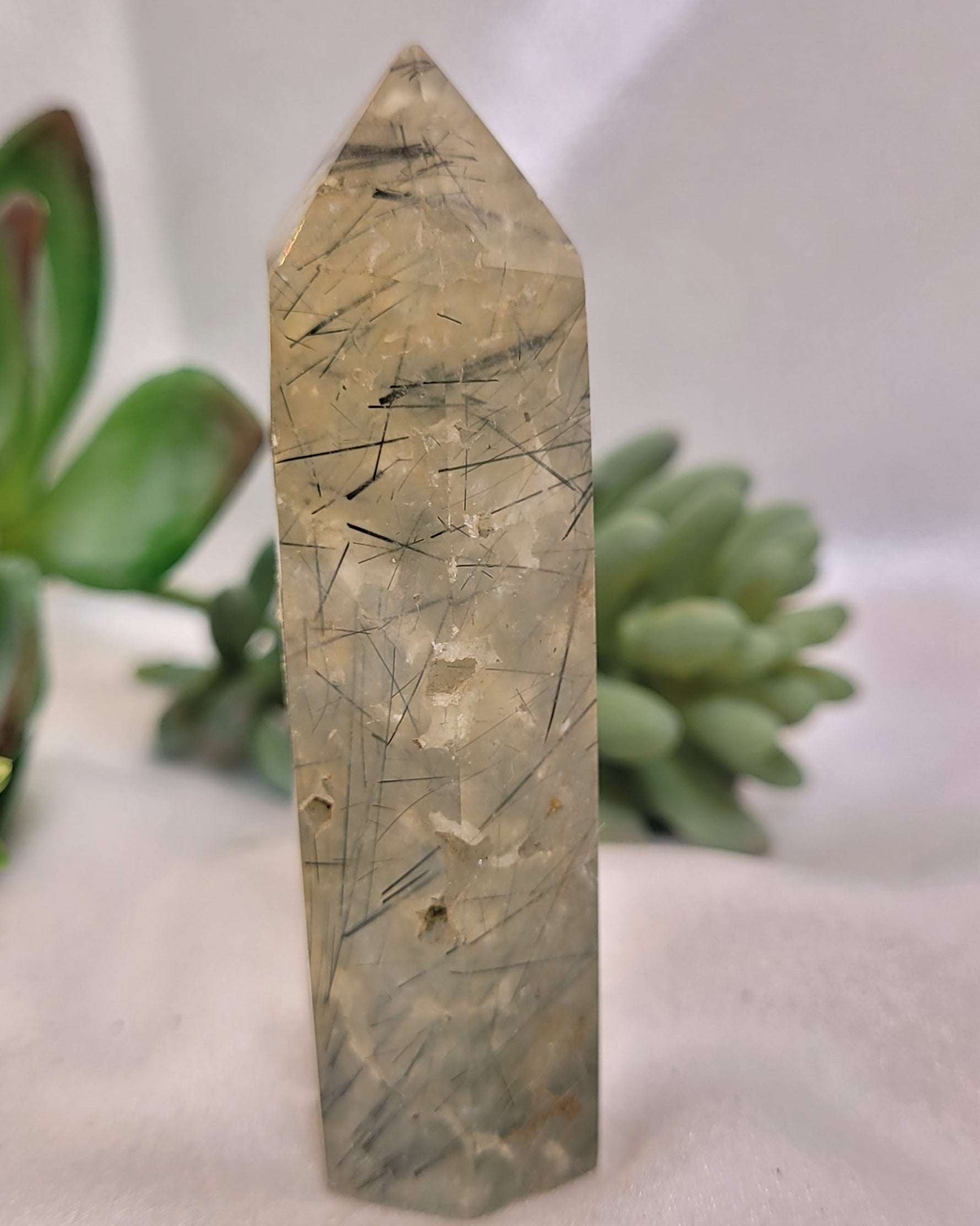 Prehnite Tower with Dark Needle Inclusions