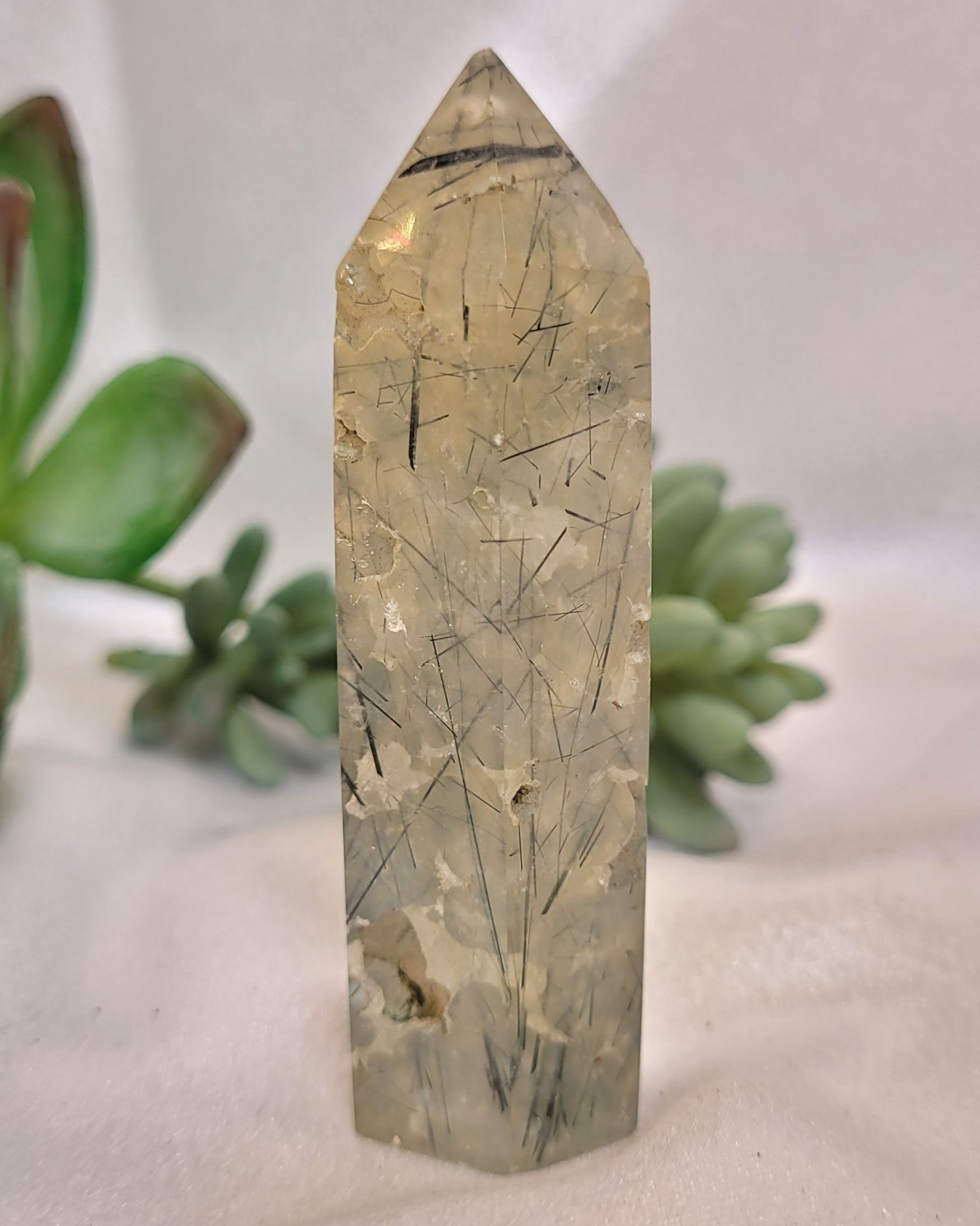 Prehnite Tower with Dark Needle Inclusions