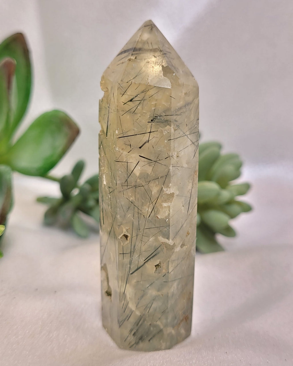 Prehnite Tower with Dark Needle Inclusions