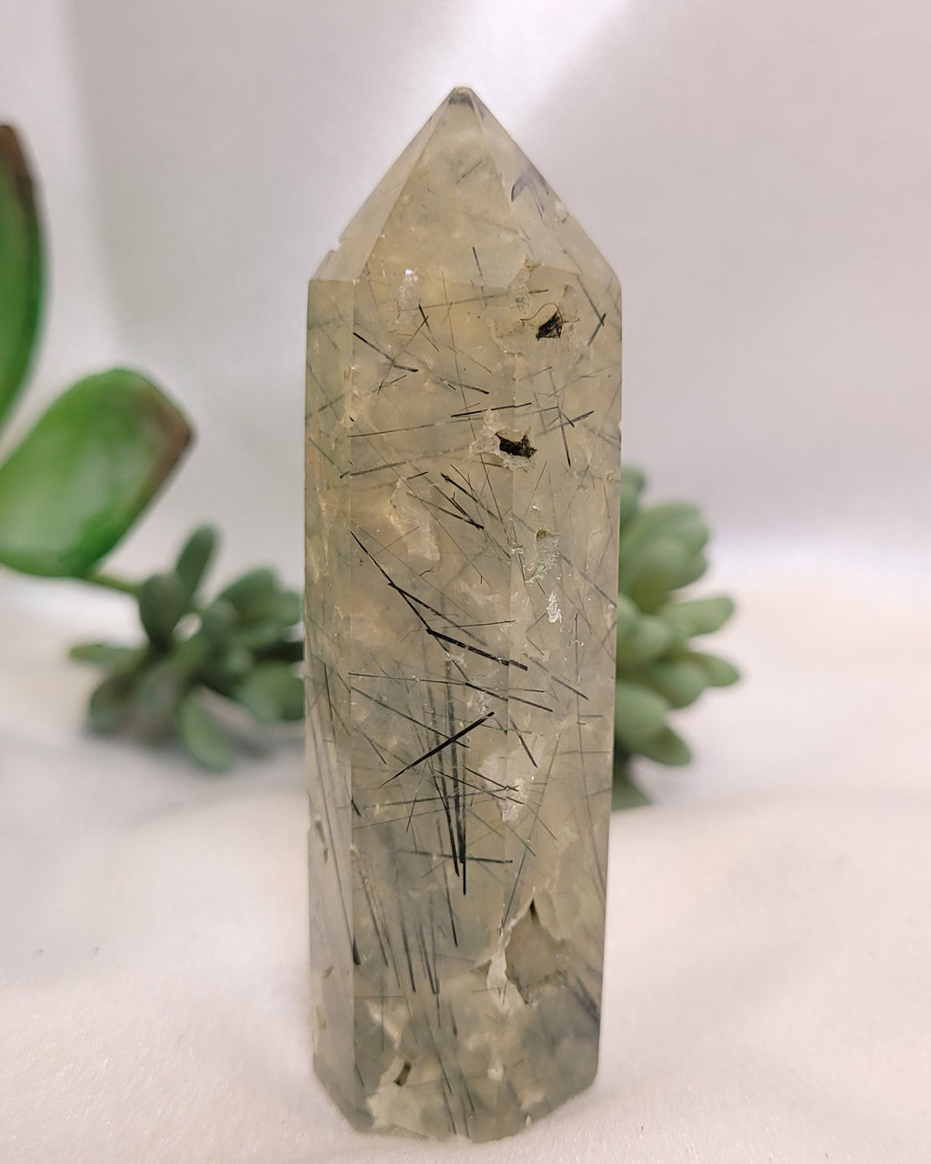 Prehnite Tower with Dark Needle Inclusions