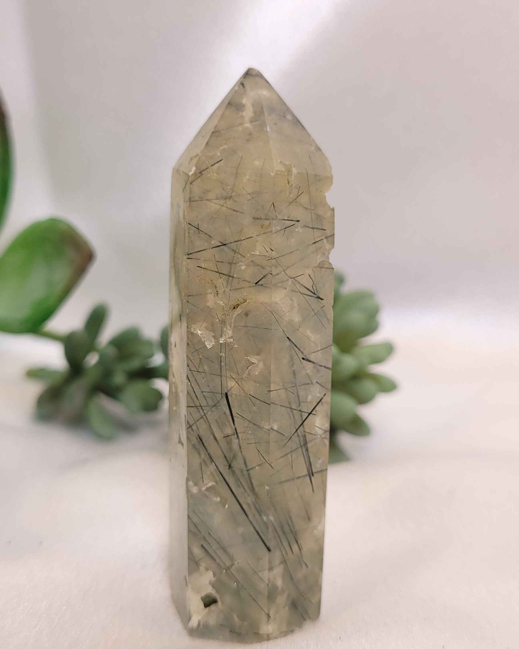 Prehnite Tower with Dark Needle Inclusions