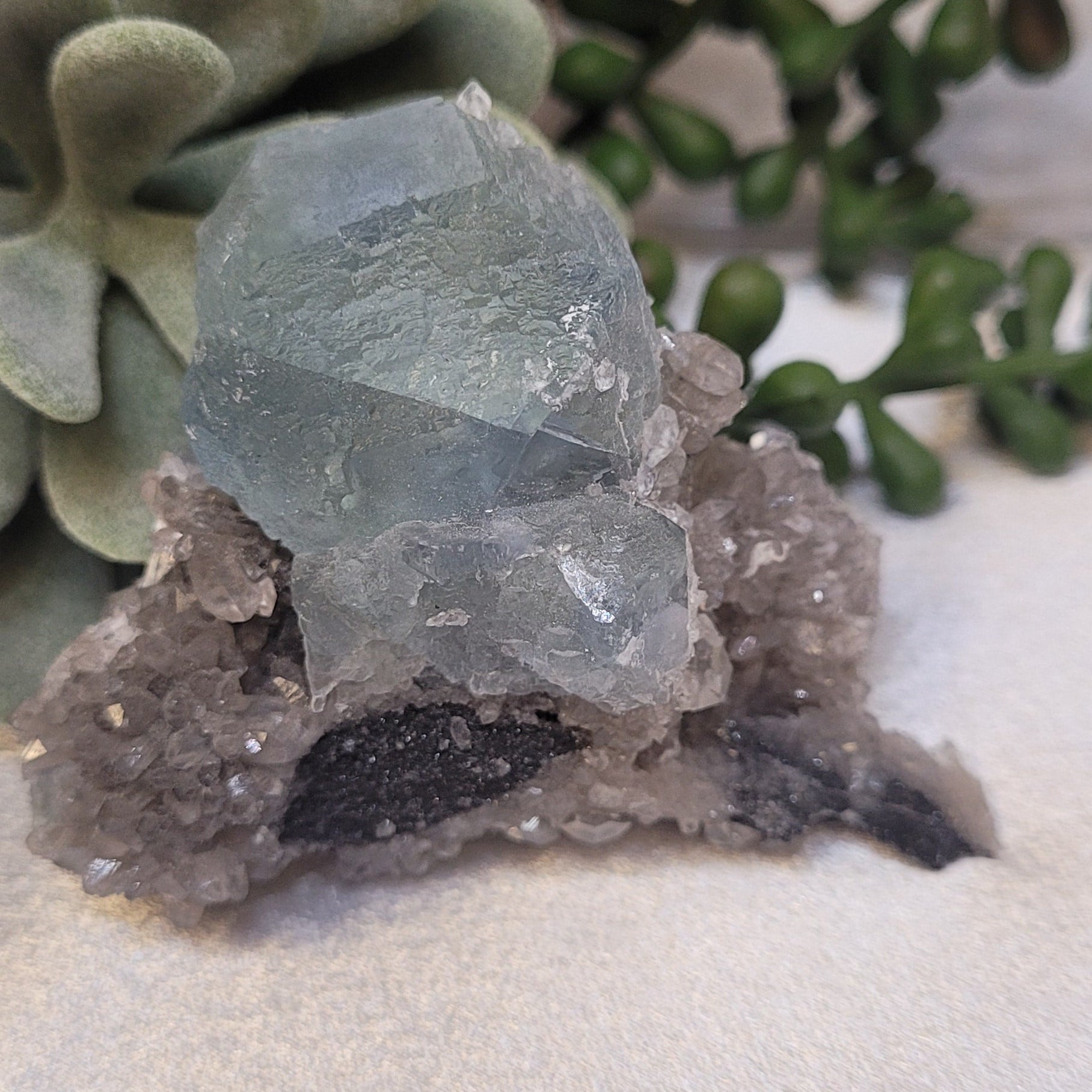 Blue Fluorite on Druzy Quartz Matrix