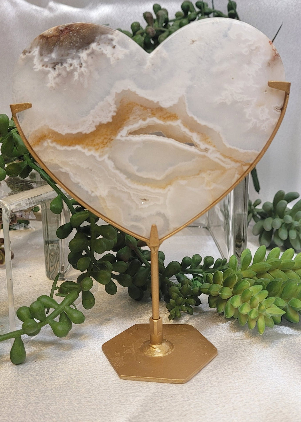 White Plume Agate Heart on Gold Stand | Druzy Agate Heart | 184g