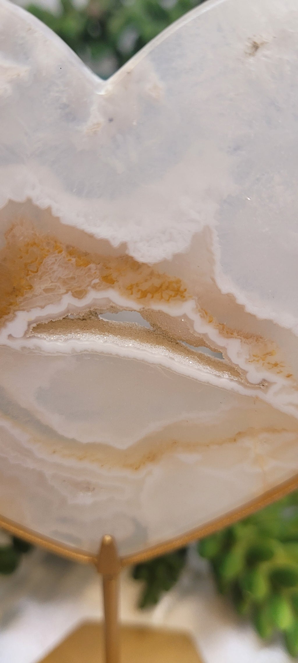 White Plume Agate Heart on Gold Stand | Druzy Agate Heart | 184g
