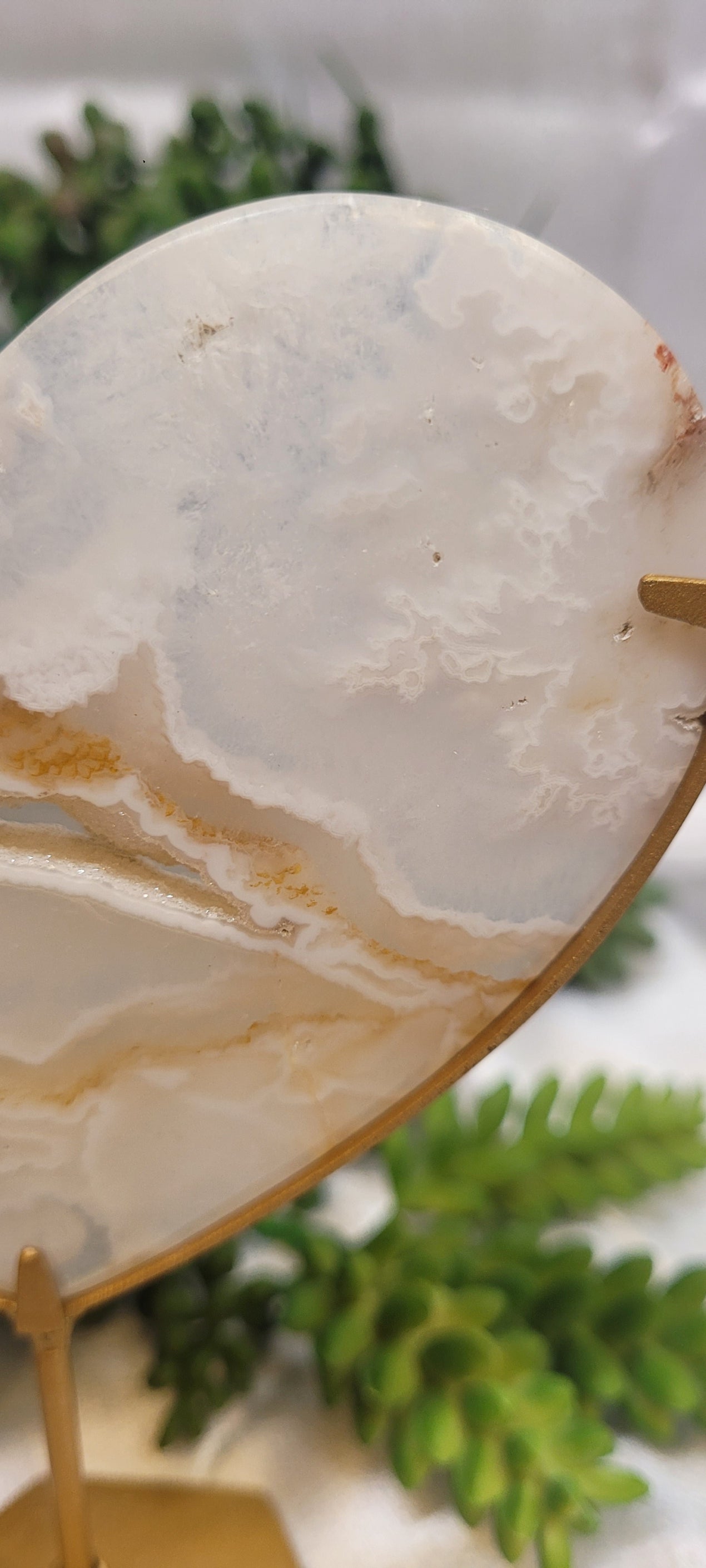White Plume Agate Heart on Gold Stand | Druzy Agate Heart | 184g