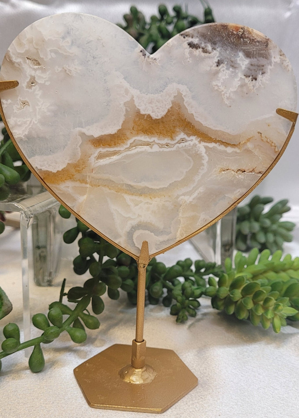 White Plume Agate Heart on Gold Stand | Druzy Agate Heart | 184g