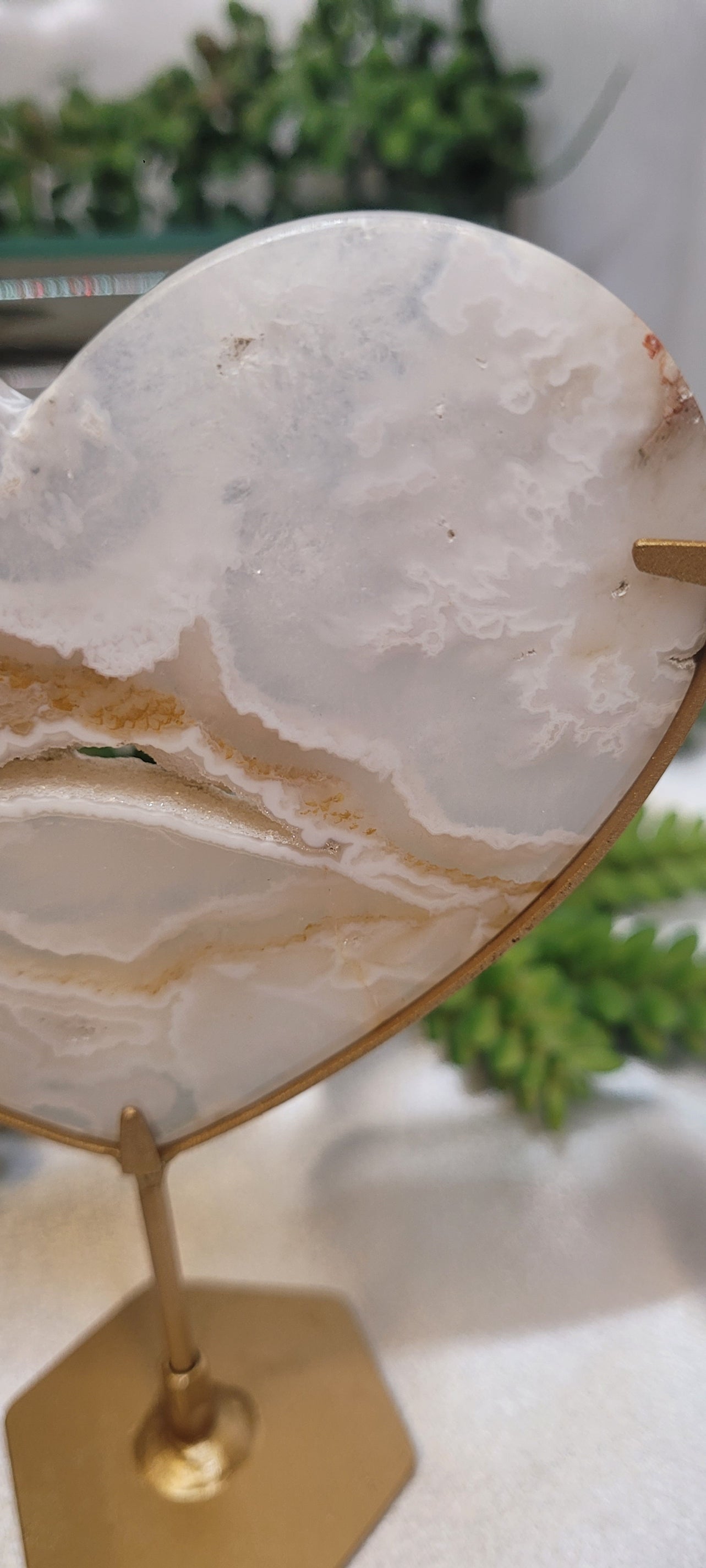 White Plume Agate Heart on Gold Stand | Druzy Agate Heart | 184g