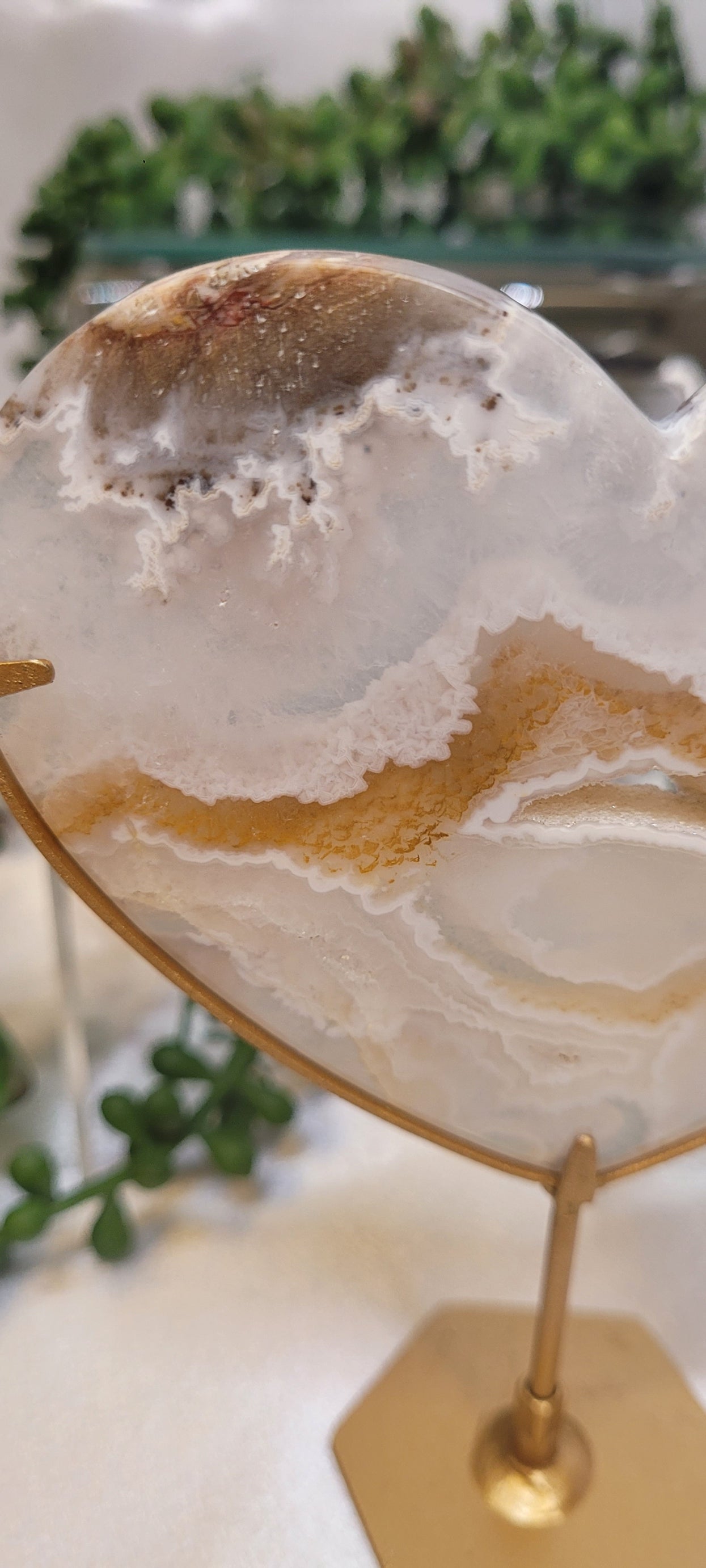 White Plume Agate Heart on Gold Stand | Druzy Agate Heart | 184g