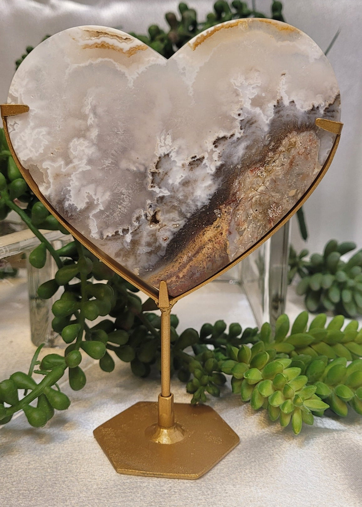 White Plume Agate Heart on Gold Stand | Scenic Druzy Agate Heart | 239g