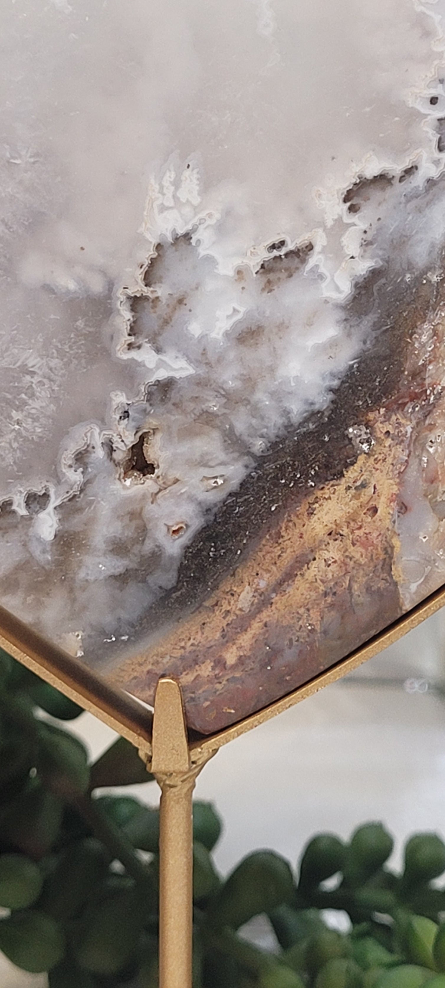 White Plume Agate Heart on Gold Stand | Scenic Druzy Agate Heart | 239g