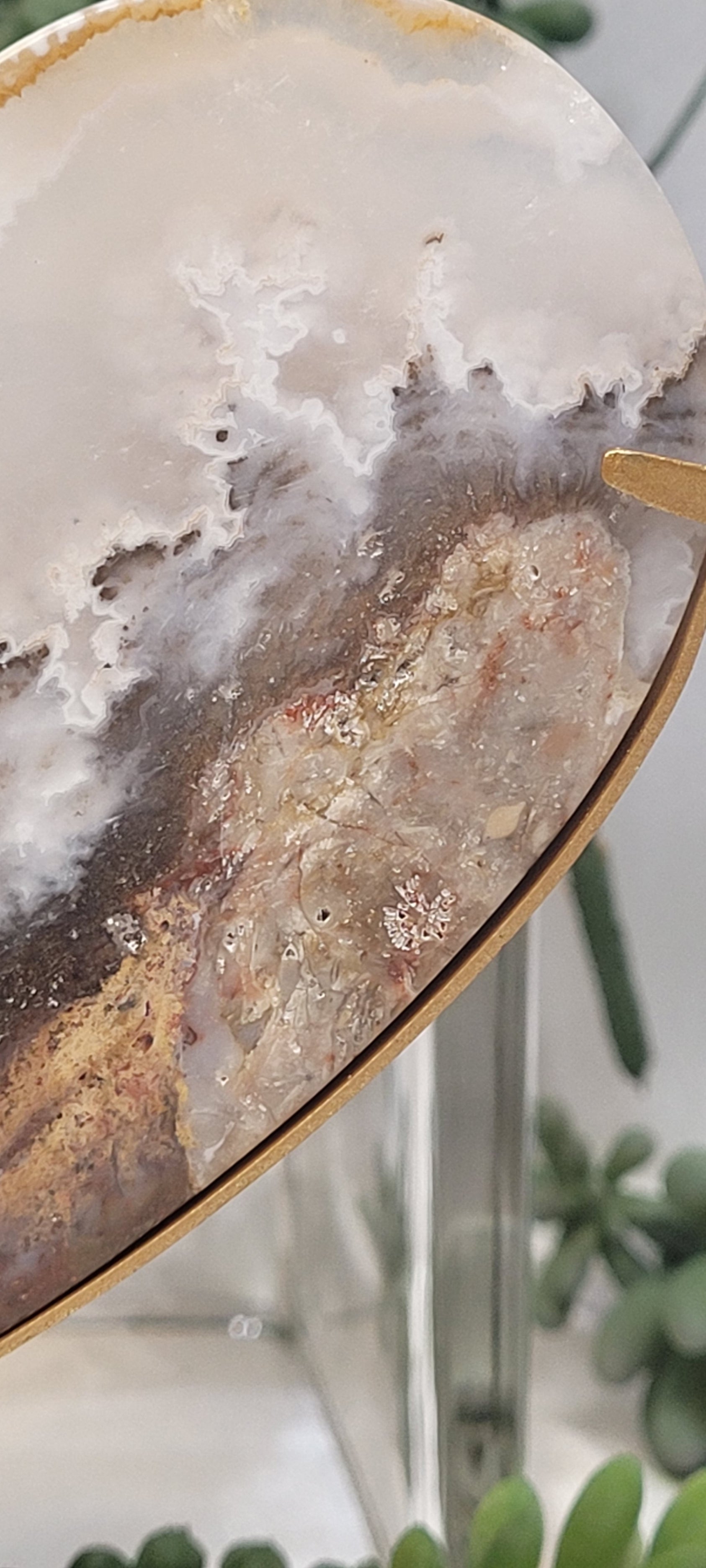 White Plume Agate Heart on Gold Stand | Scenic Druzy Agate Heart | 239g
