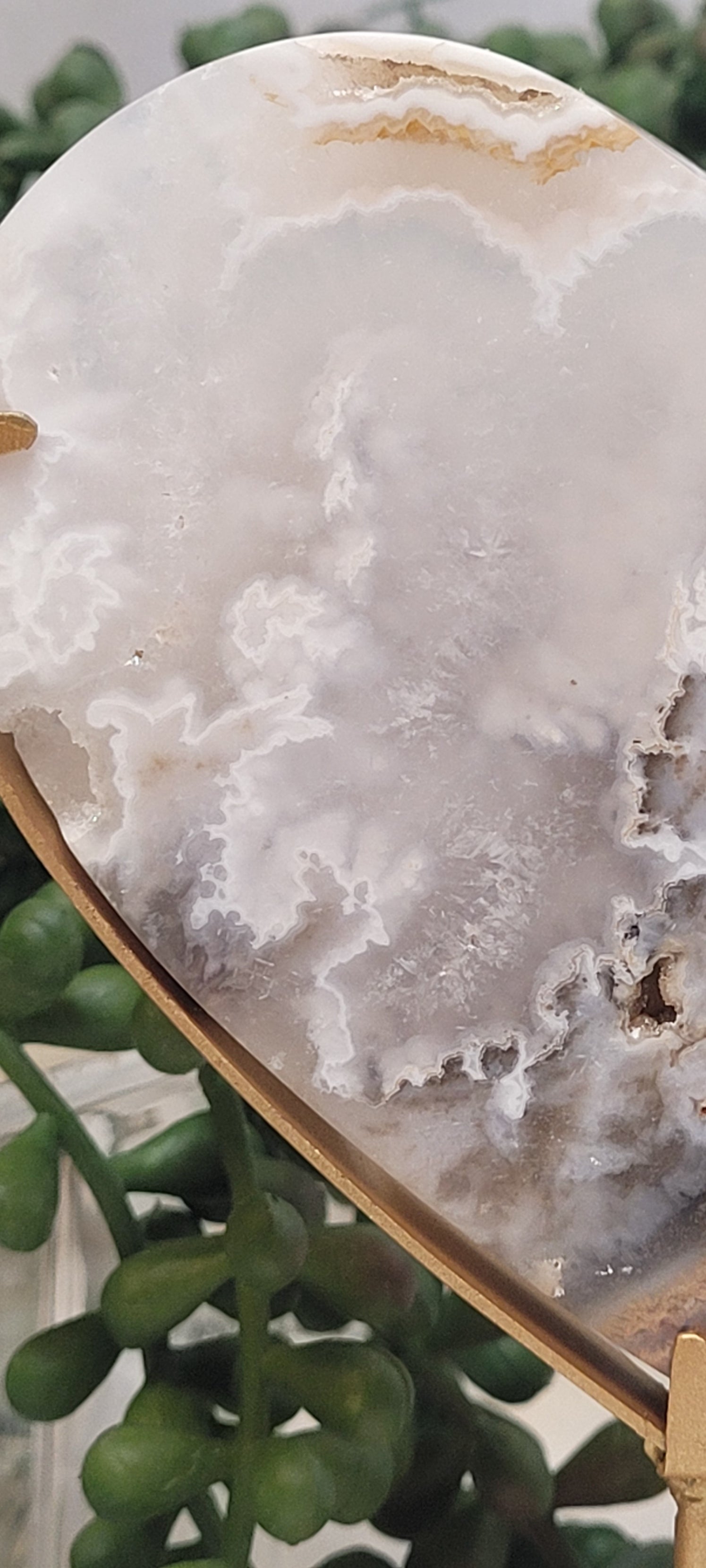 White Plume Agate Heart on Gold Stand | Scenic Druzy Agate Heart | 239g