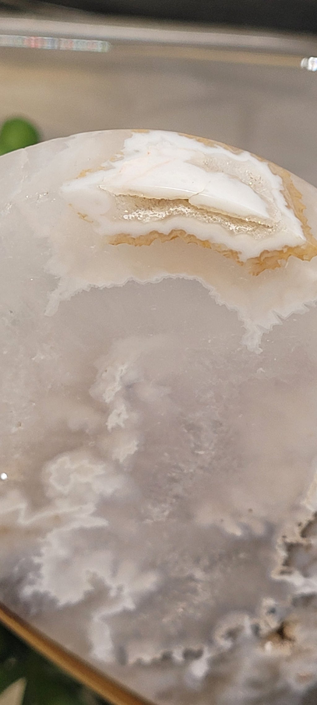 White Plume Agate Heart on Gold Stand | Scenic Druzy Agate Heart | 239g