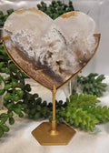 White Plume Agate Heart on Gold Stand | Scenic Druzy Agate Heart | 239g