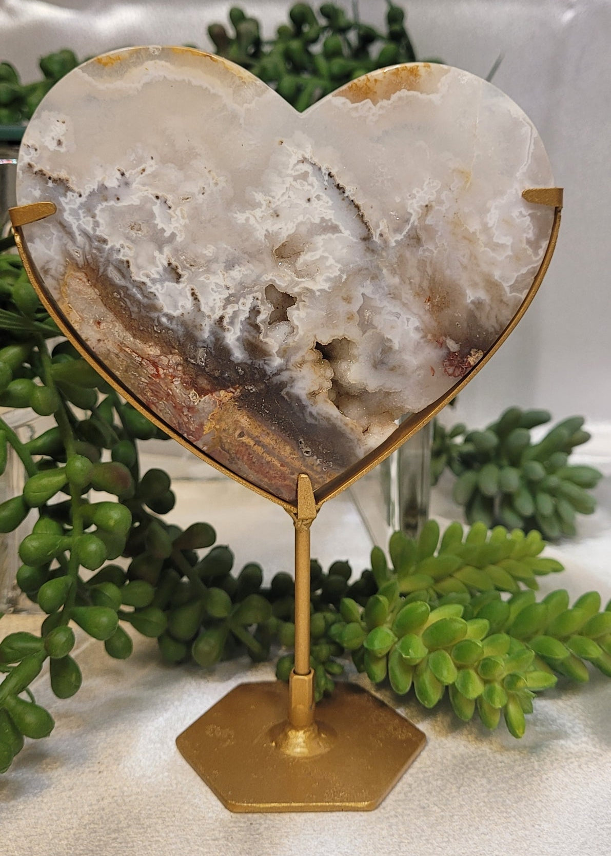 White Plume Agate Heart on Gold Stand | Scenic Druzy Agate Heart | 239g