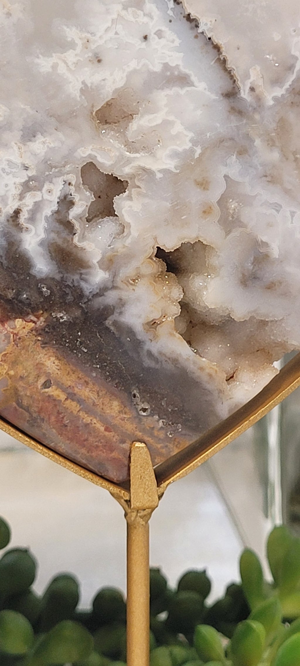 White Plume Agate Heart on Gold Stand | Scenic Druzy Agate Heart | 239g