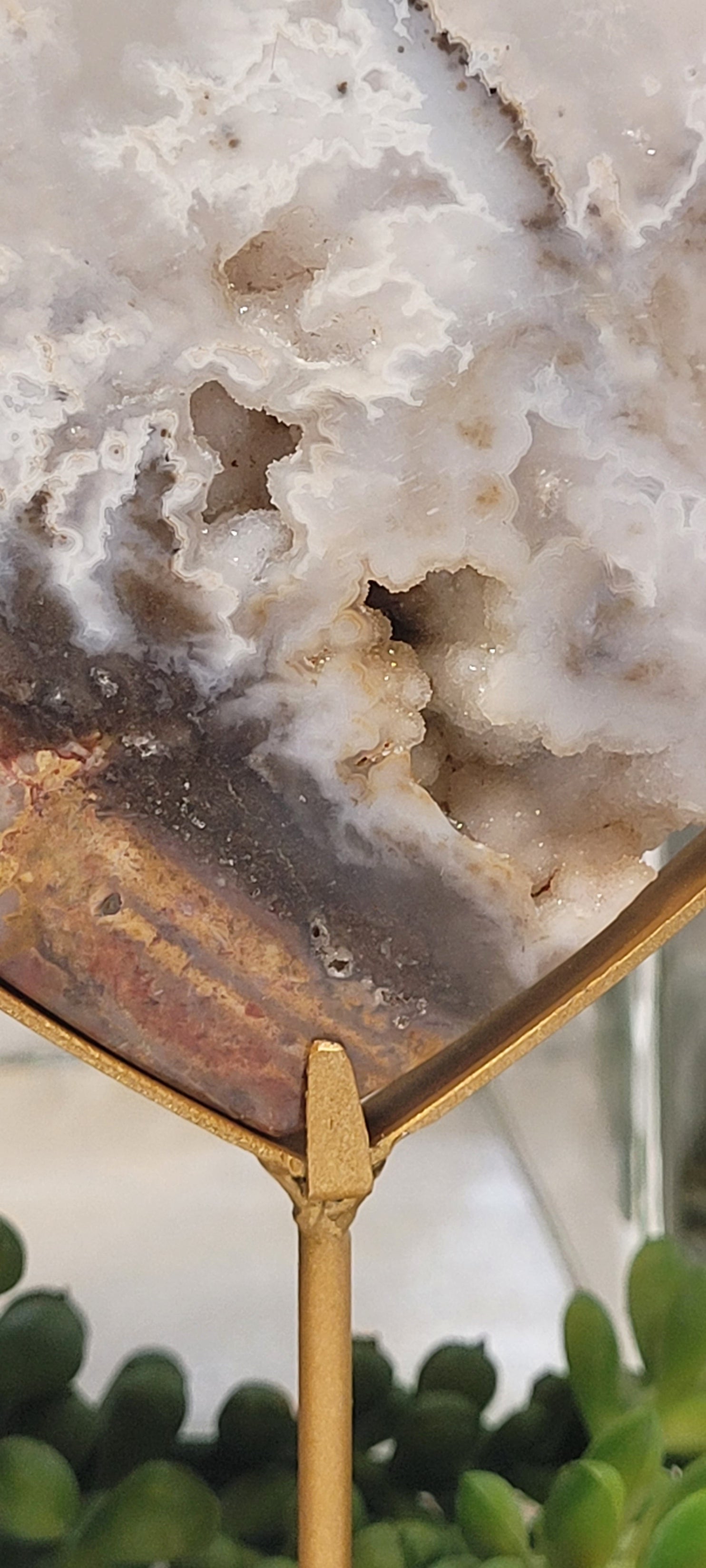 White Plume Agate Heart on Gold Stand | Scenic Druzy Agate Heart | 239g