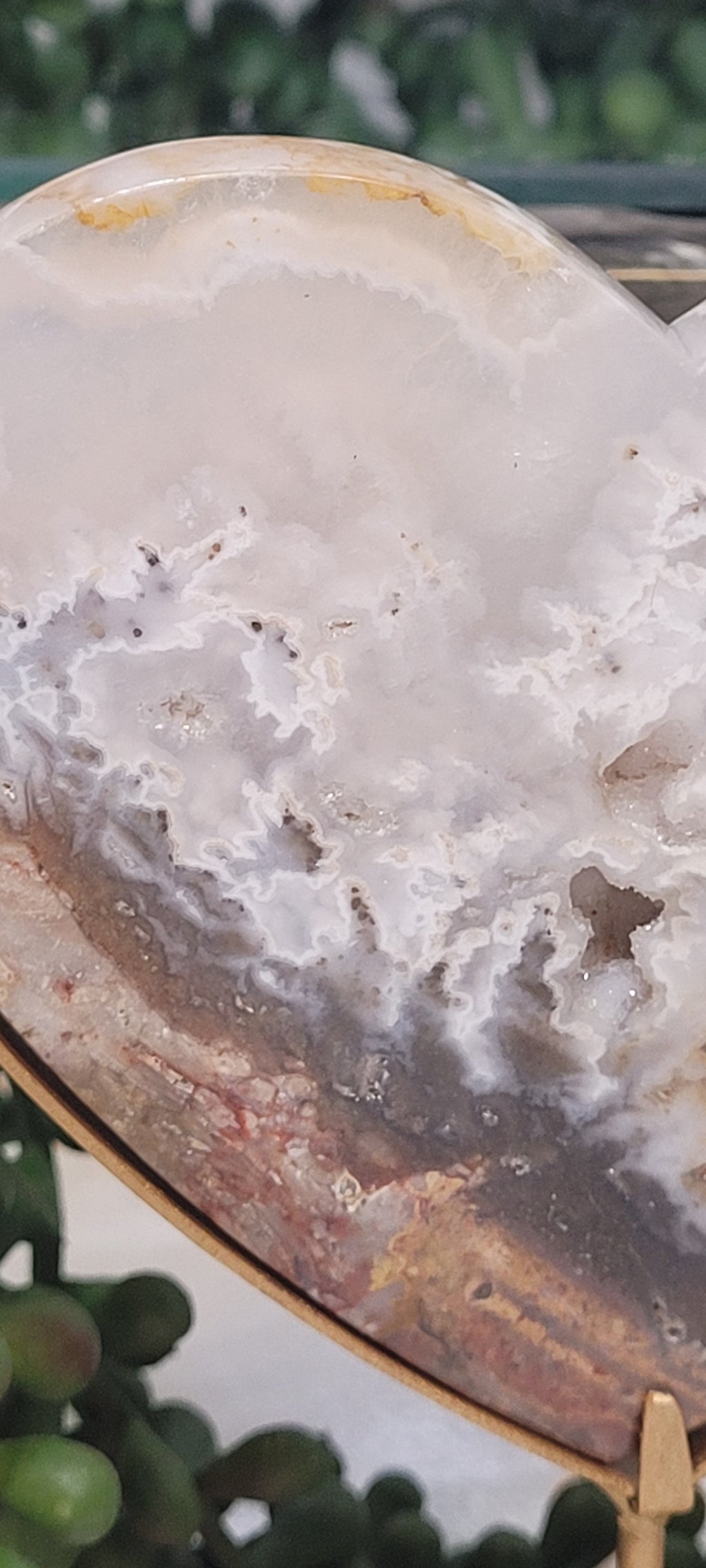 White Plume Agate Heart on Gold Stand | Scenic Druzy Agate Heart | 239g